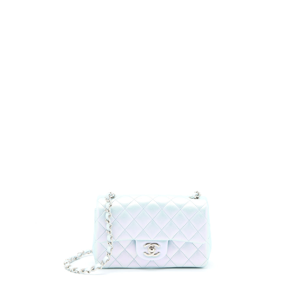 CHANEL 21K MINI RECTANGULAR FLAP BAG CALFSKIN IRIDESCENT LIGHT BLUE SHW (MICROCHIP)