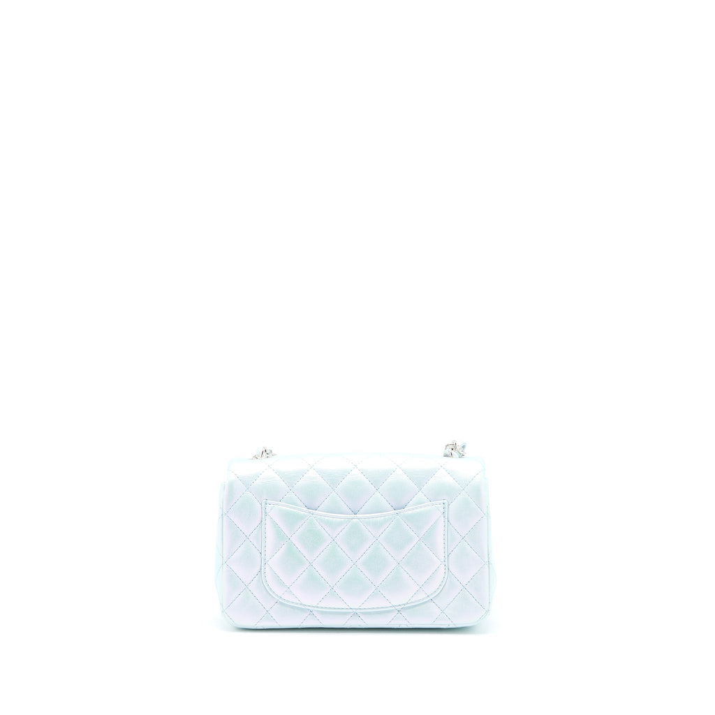 CHANEL 21K MINI RECTANGULAR FLAP BAG CALFSKIN IRIDESCENT LIGHT BLUE SHW (MICROCHIP)