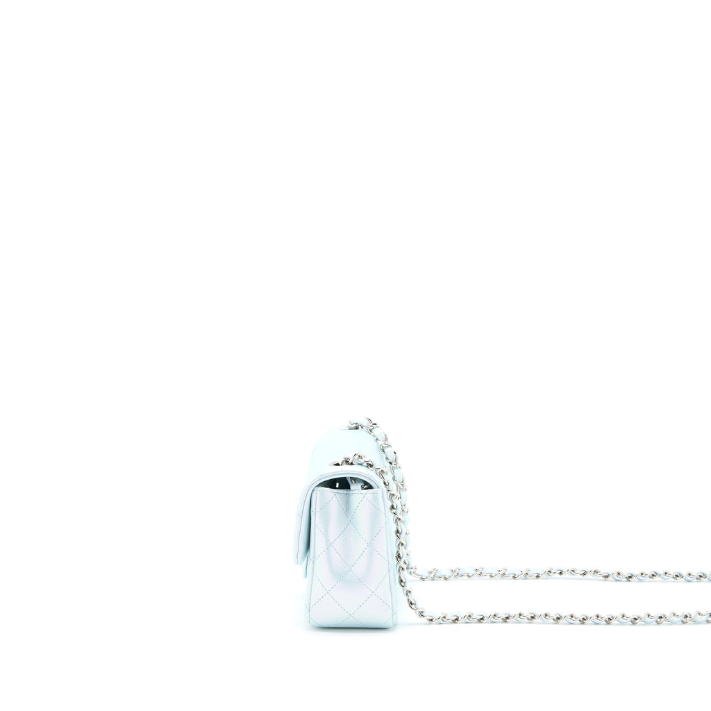 CHANEL 21K MINI RECTANGULAR FLAP BAG CALFSKIN IRIDESCENT LIGHT BLUE SHW (MICROCHIP)