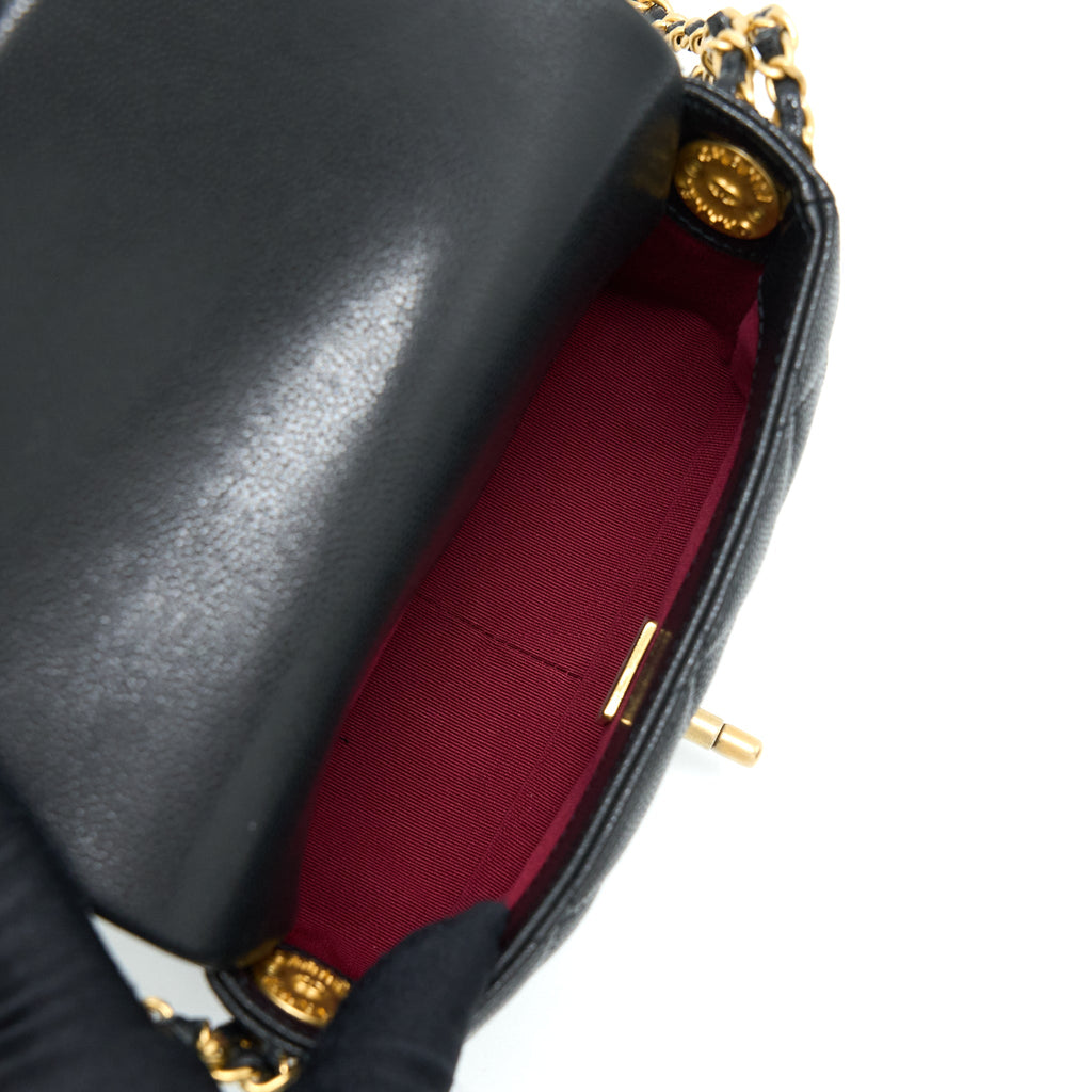 CHANEL 22A MINI SQUARE FLAP BAG CAVIAR BLACK BRUSHED GHW (MICROCHIP)