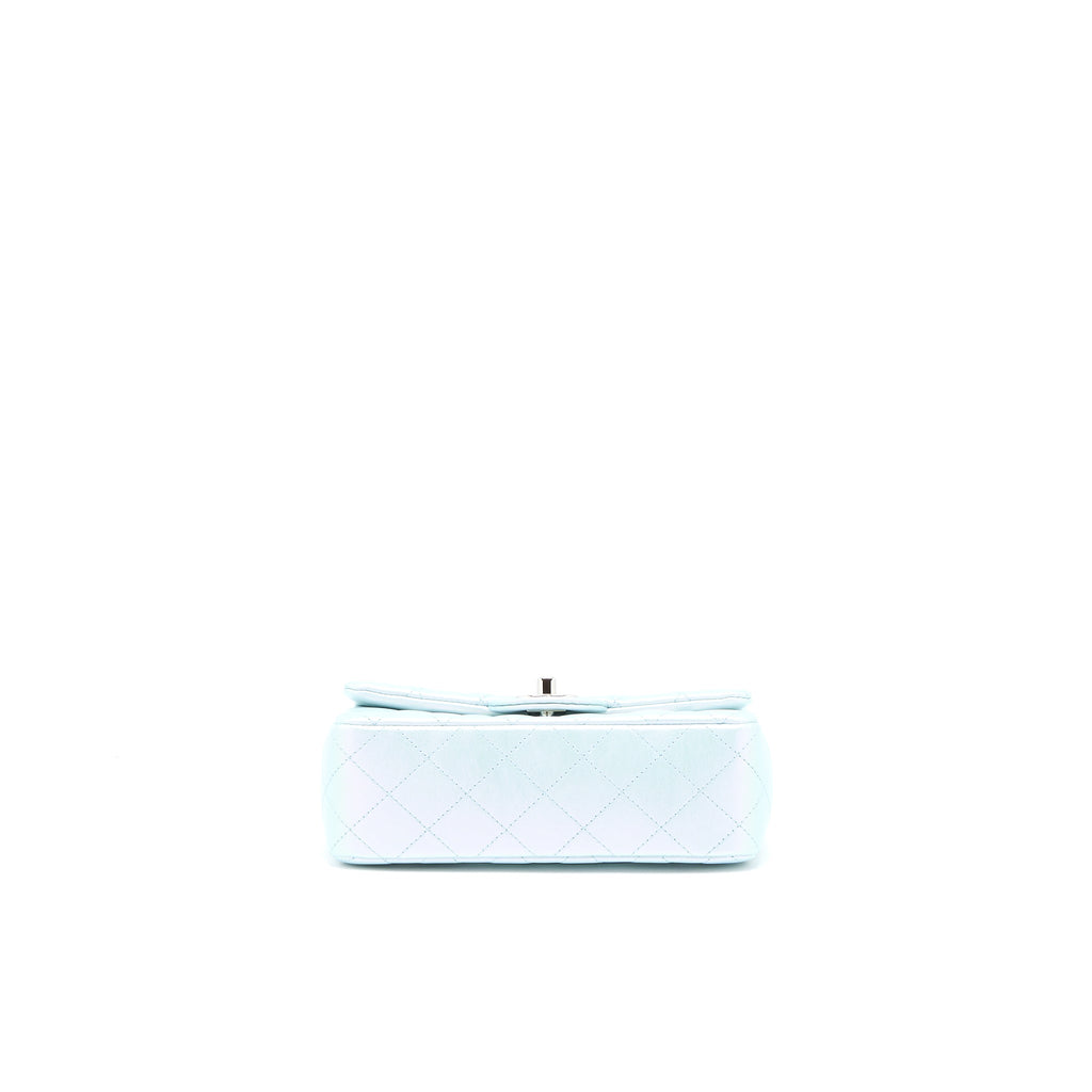 CHANEL 21K MINI RECTANGULAR FLAP BAG CALFSKIN IRIDESCENT LIGHT BLUE SHW (MICROCHIP)