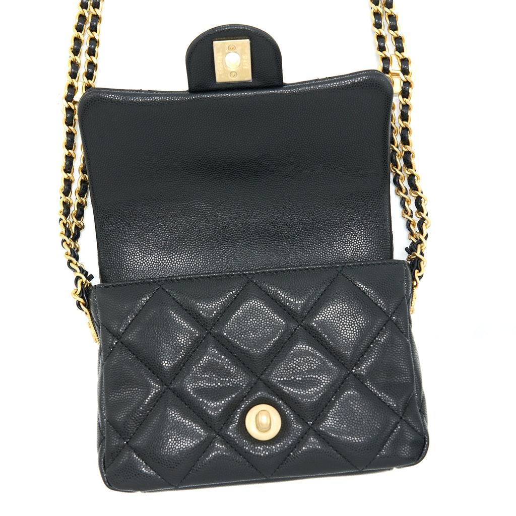 CHANEL 22A MINI SQUARE FLAP BAG CAVIAR BLACK BRUSHED GHW (MICROCHIP)