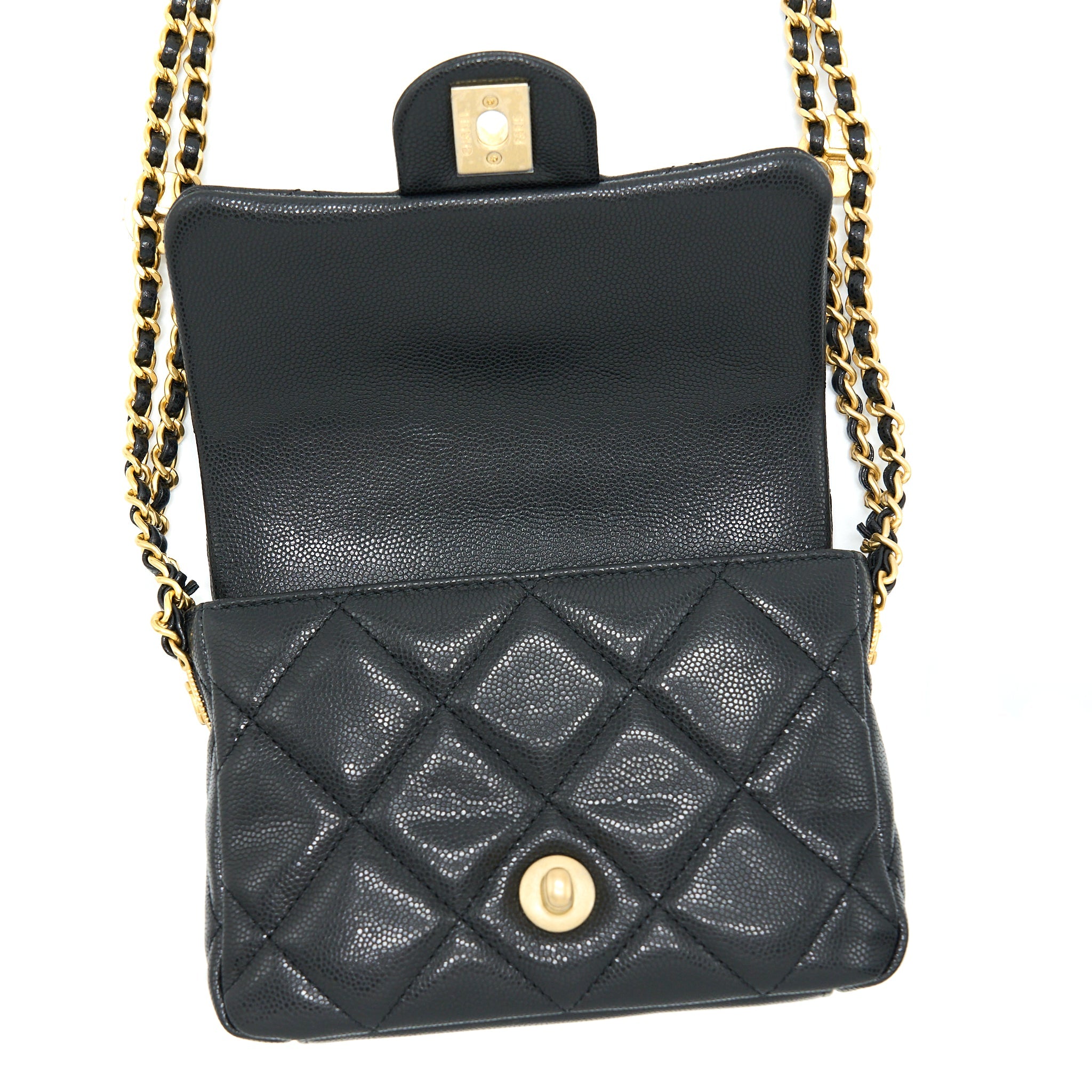 CHANEL 22A MINI SQUARE FLAP BAG CAVIAR BLACK BRUSHED GHW (MICROCHIP)