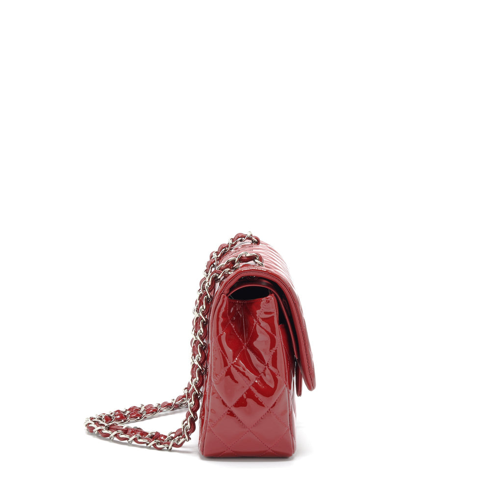 CHANEL JUMBO CLASSIC FLAP BAG PATENT RED SHW