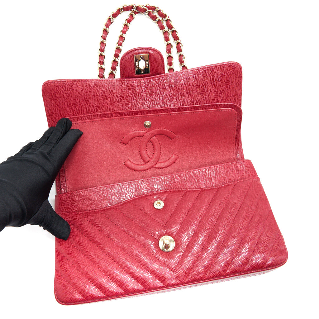 CHANEL MEDIUM CLASSIC DOUBLE FLAP CAVIAR RASPBERRY RED WITH LGHW
