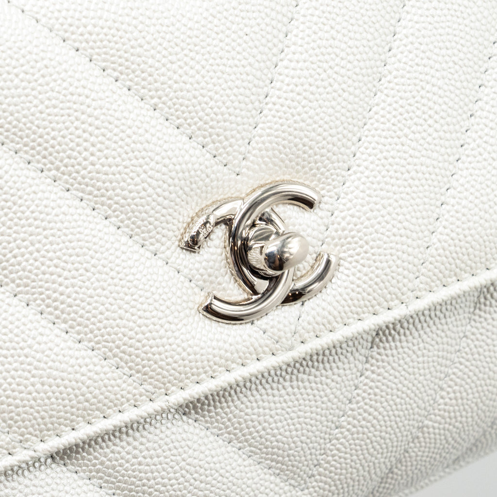 CHANEL CHEVRON SMALL COCO HANDLE CAVIAR IRIDESCENT WHITE SHW