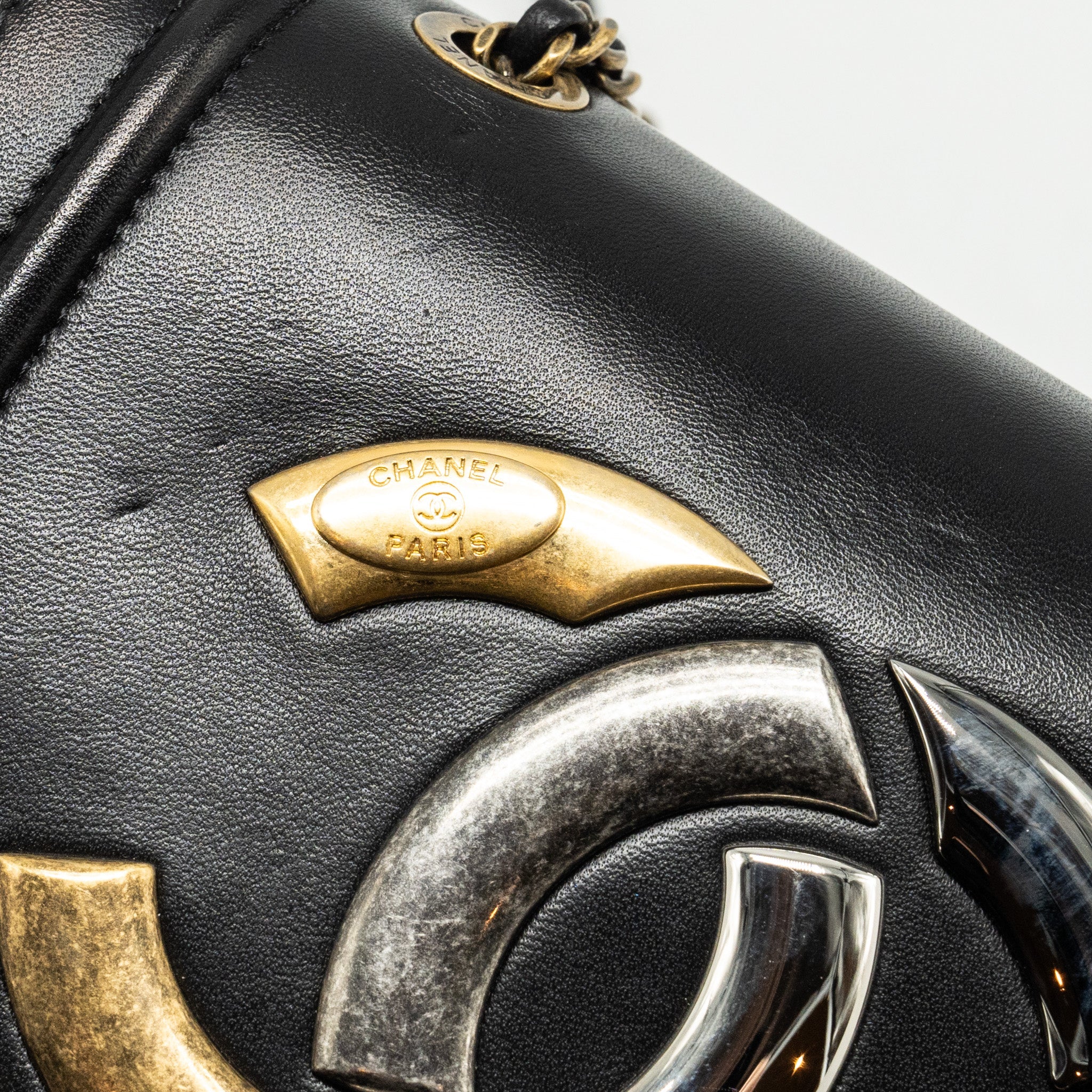 CHANEL CC LOGO SQUARE FLAP BAG LAMBSKIN BLACK SHW