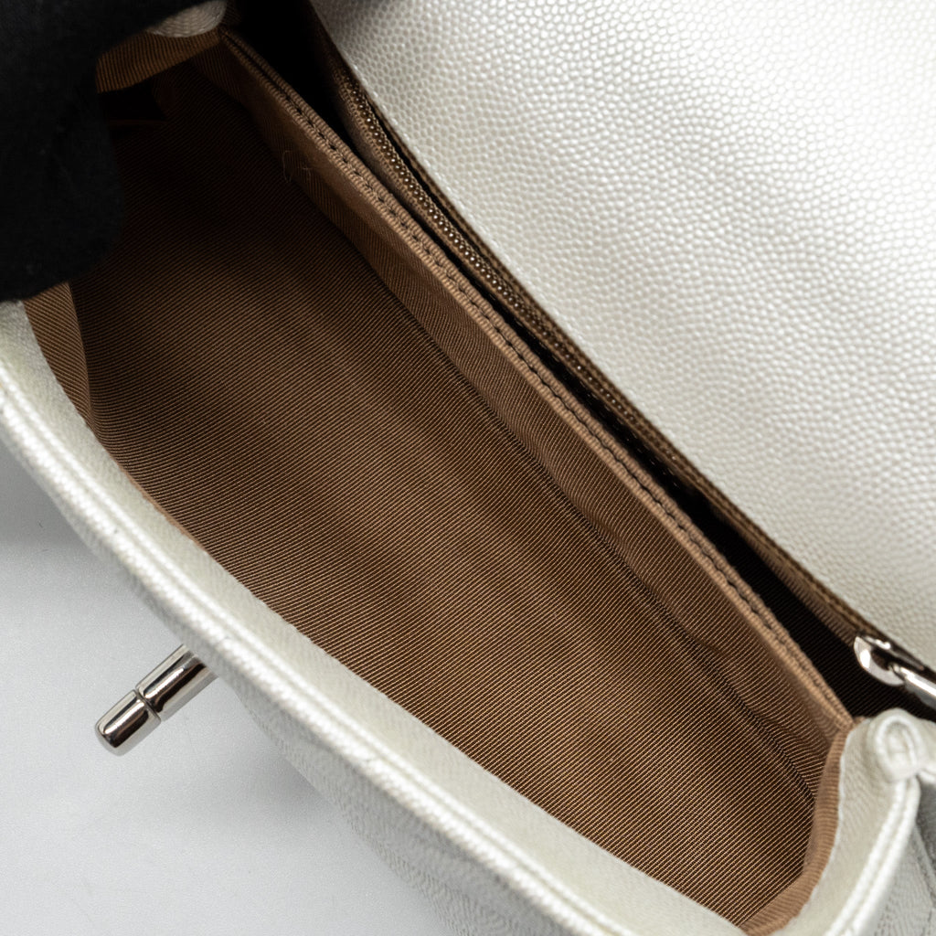CHANEL CHEVRON SMALL COCO HANDLE CAVIAR IRIDESCENT WHITE SHW