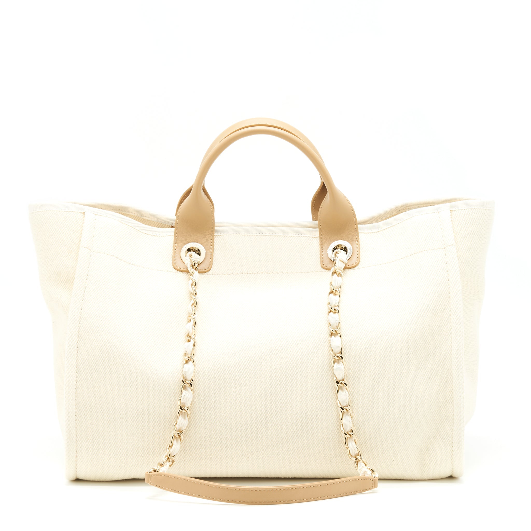 CHANEL DEAUVILLE TOTE BAG CANVAS LIGHT BEIGE LGHW