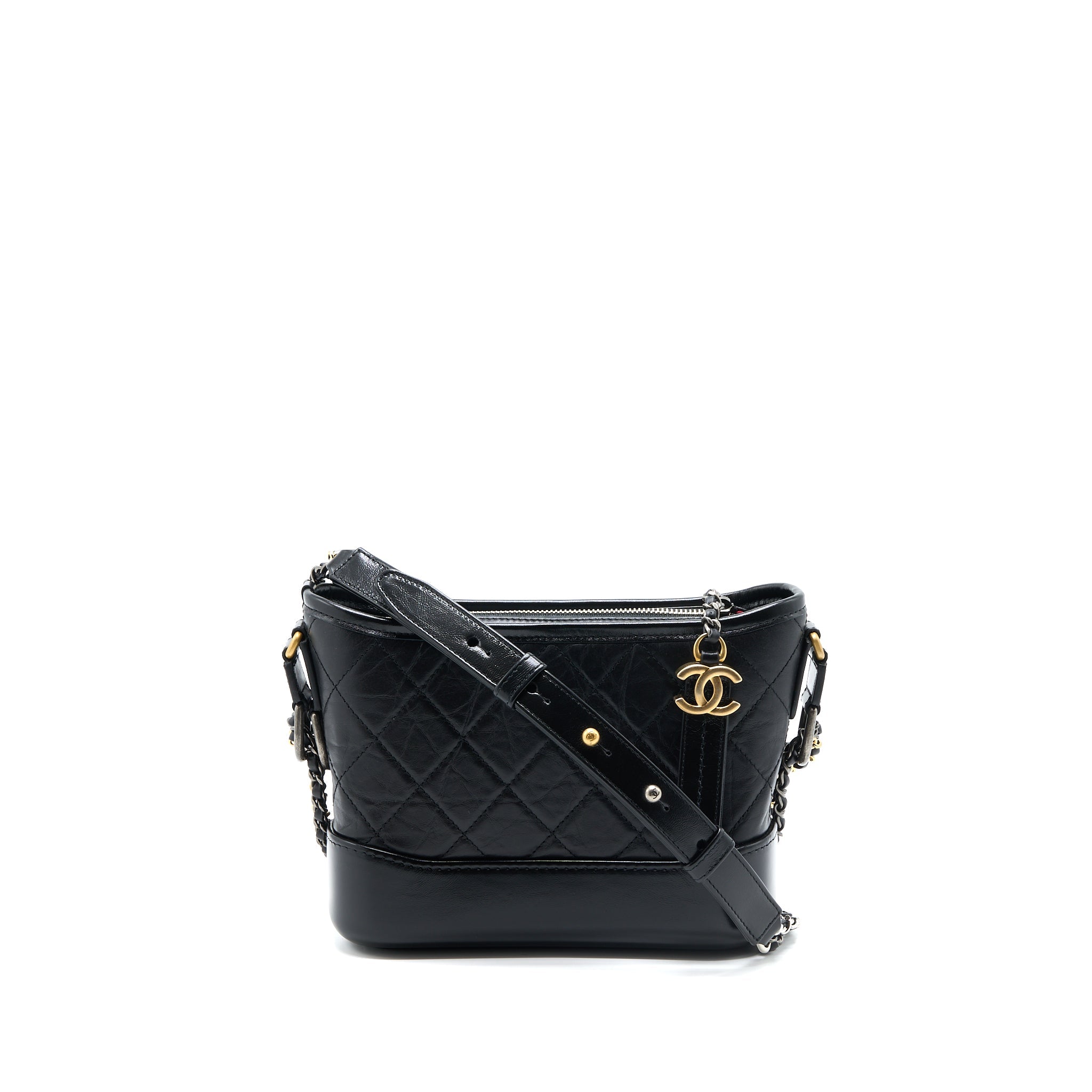 CHANEL SMALL GABRIELLE BAG AGED CALFSKIN BLACK MULTICOLOUR HARDWARE (MICROCHIP)