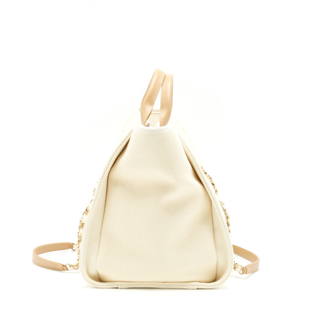 CHANEL DEAUVILLE TOTE BAG CANVAS LIGHT BEIGE LGHW