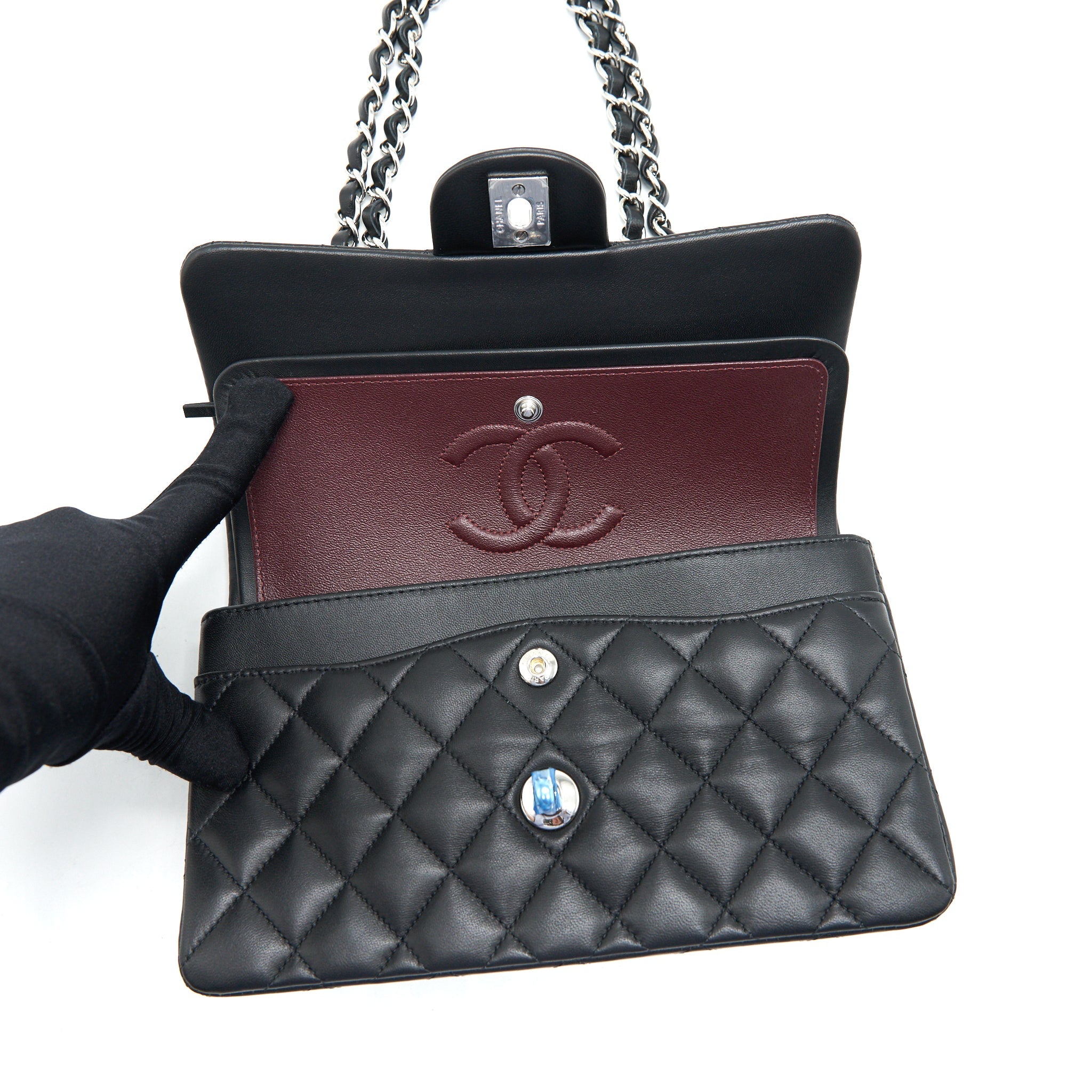 CHANEL SMALL CLASSIC DOUBLE FLAP BAG LAMBSKIN BLACK SHW (MICROCHIP)