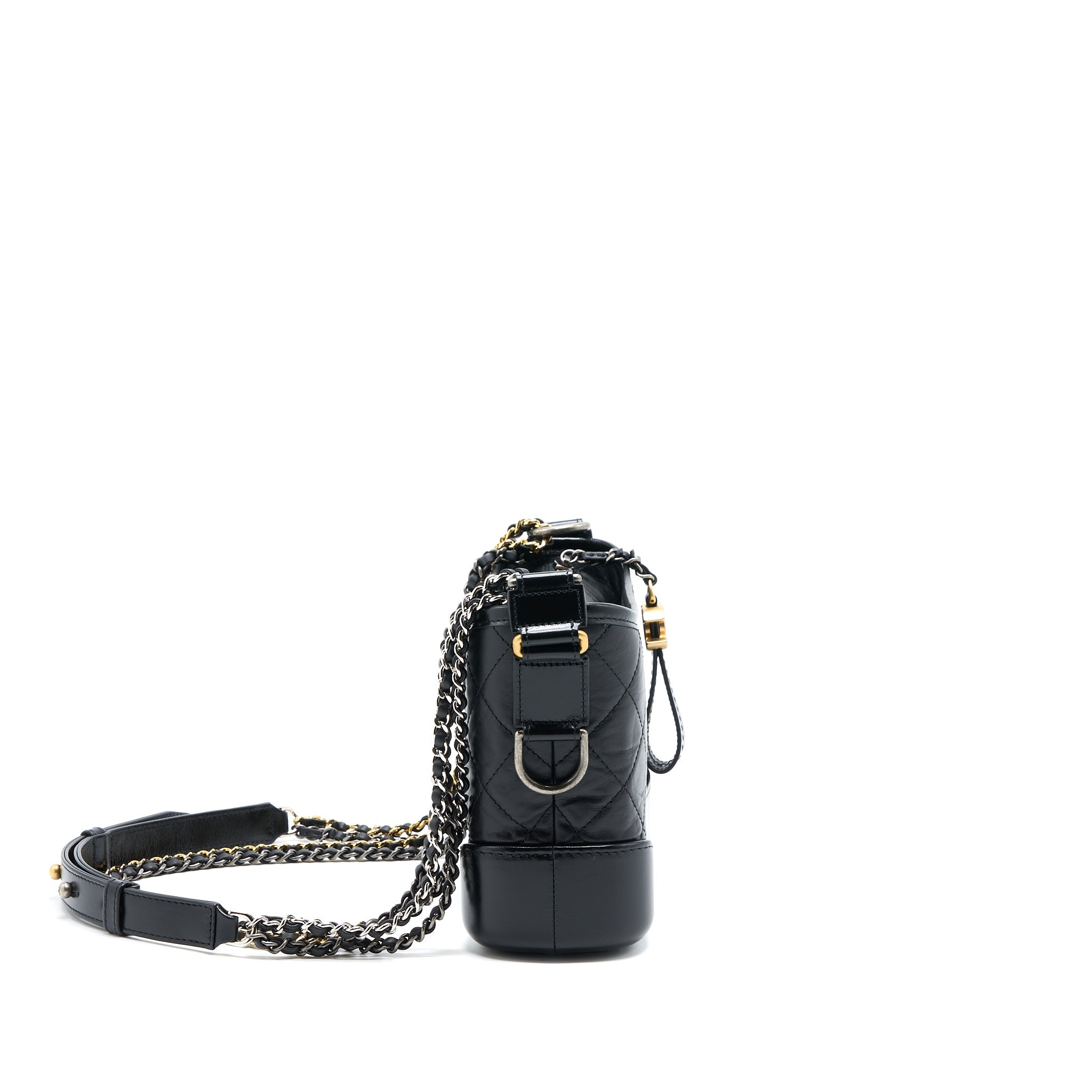 CHANEL SMALL GABRIELLE BAG AGED CALFSKIN BLACK MULTICOLOUR HARDWARE (MICROCHIP)