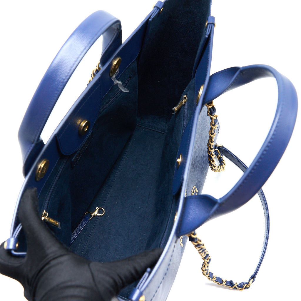 CHANEL DEAUVILLE TOTE BAG GRAINED CALFSKIN NAVY GHW