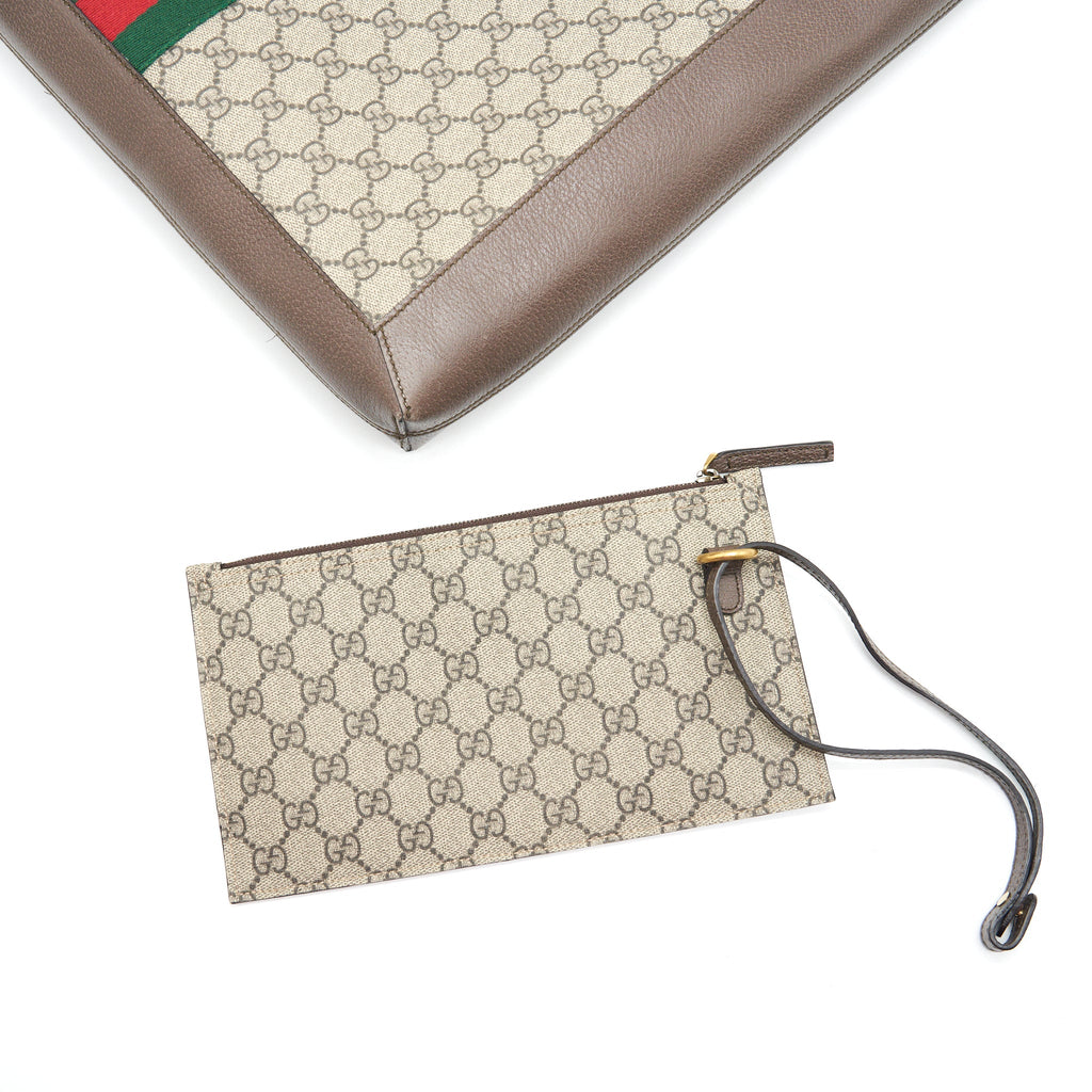 GUCCI OPHIDIA GG LEATHER TRIMMED PRINTED COATED CANVAS TOTE