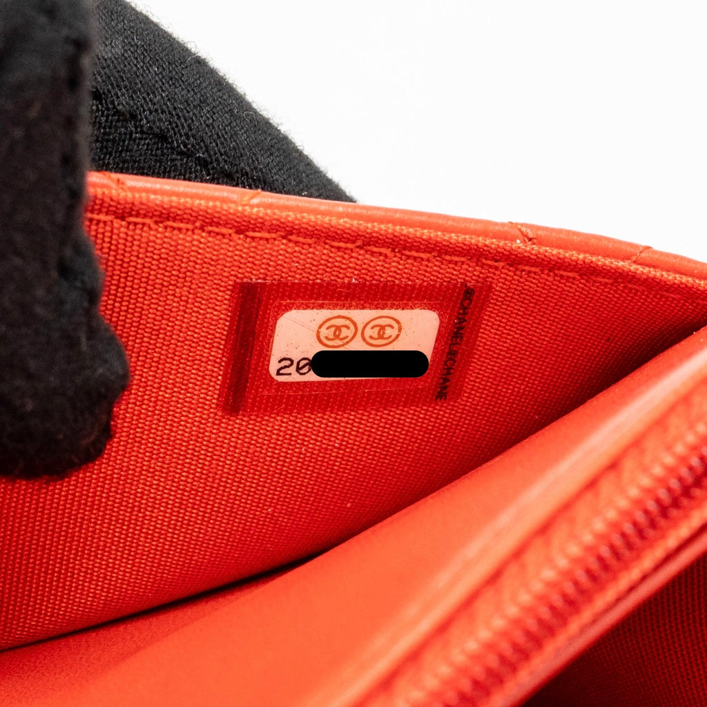 CHANEL BOY WALLET ON CHAIN LAMBSKIN RED RUTHENIUM SILVER HARDWARE
