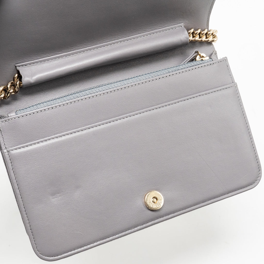 CHANEL BOY WALLET ON CHAIN CAVIAR GREY LGHW
