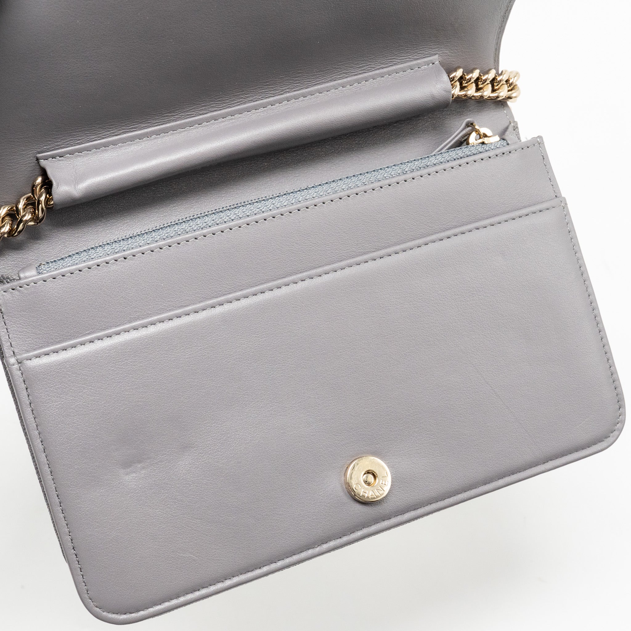 CHANEL BOY WALLET ON CHAIN CAVIAR GREY LGHW