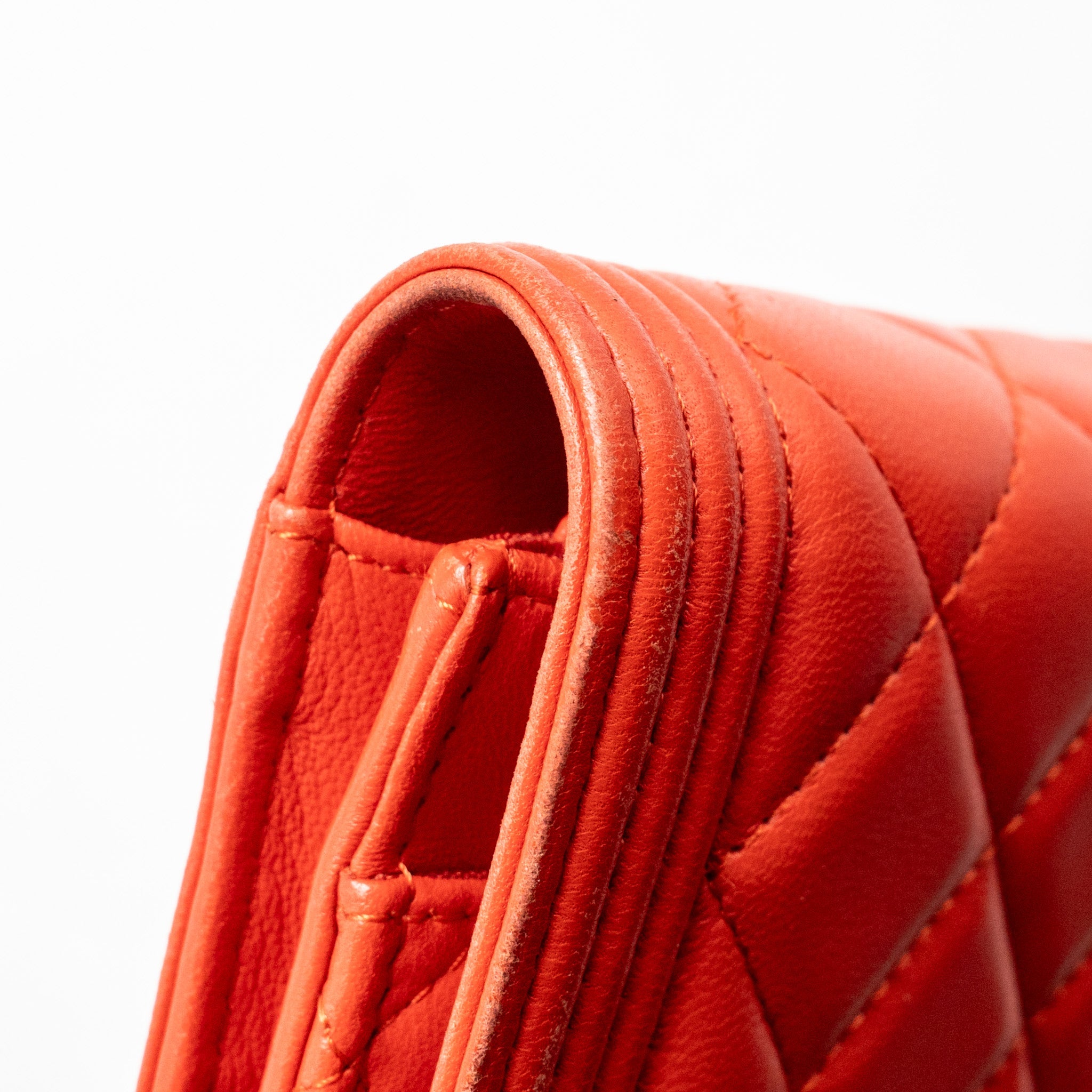 CHANEL BOY WALLET ON CHAIN LAMBSKIN RED RUTHENIUM SILVER HARDWARE