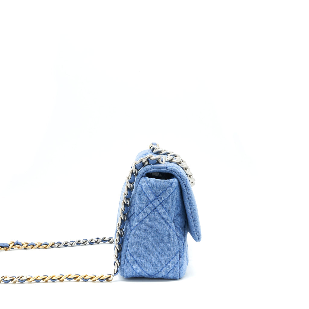 CHANEL 22P DENIM SMALL 19 BAG LIGHT BLUE GOLD/SLIVER HARDWARE