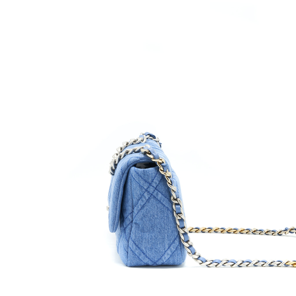 CHANEL 22P DENIM SMALL 19 BAG LIGHT BLUE GOLD/SLIVER HARDWARE