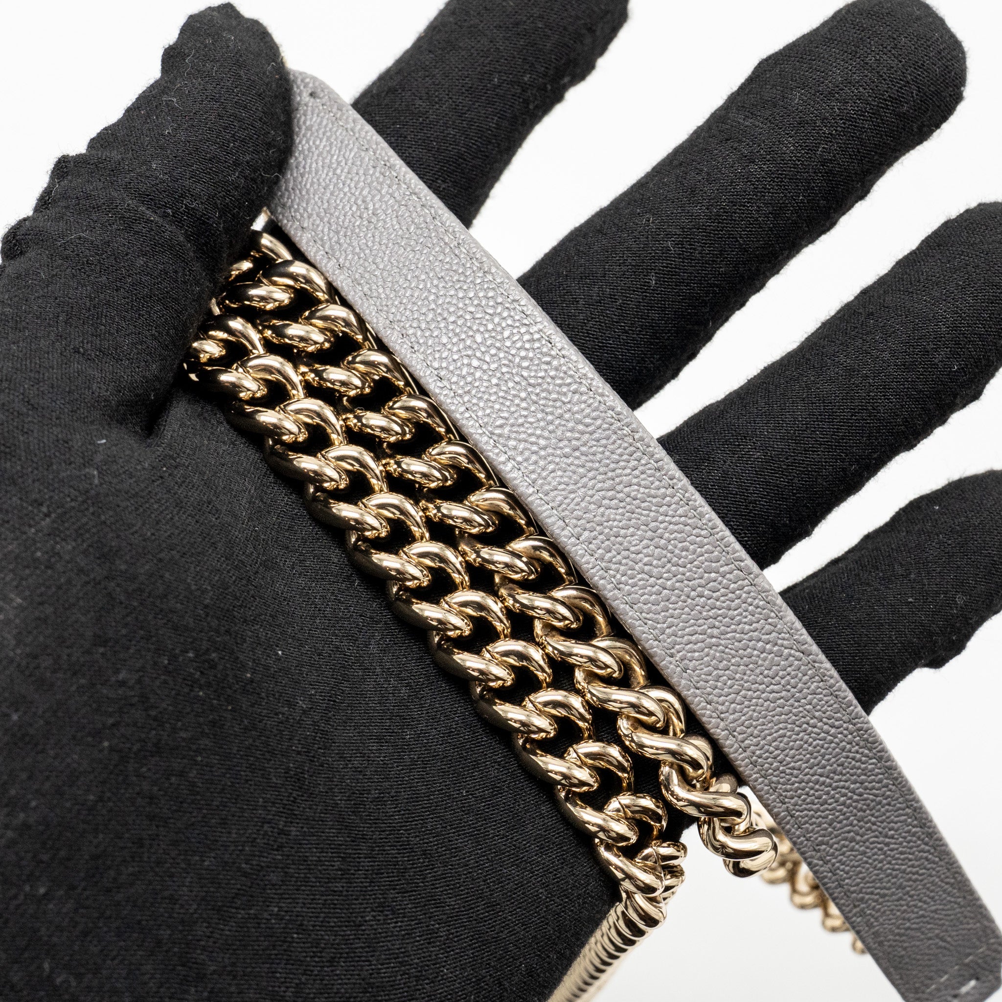 CHANEL BOY WALLET ON CHAIN CAVIAR GREY LGHW