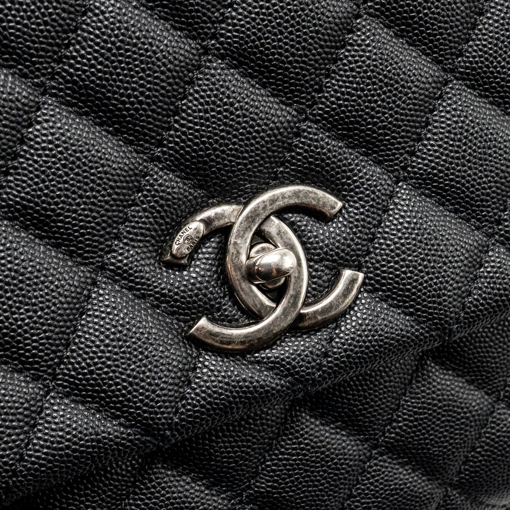 CHANEL MEDIUM COCO HANDLE FLAP BAG LIZARD EMBOSSED HANDLE CAVIAR BLACK RUTHENIUM HARDWARE
