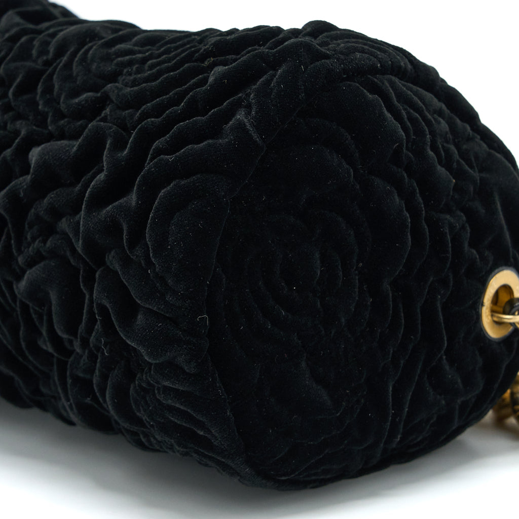 CHANEL MINI BOSTON BAG WITH CHAIN CAMELLIA VELVET BLACK GHW (MICROCHIP)