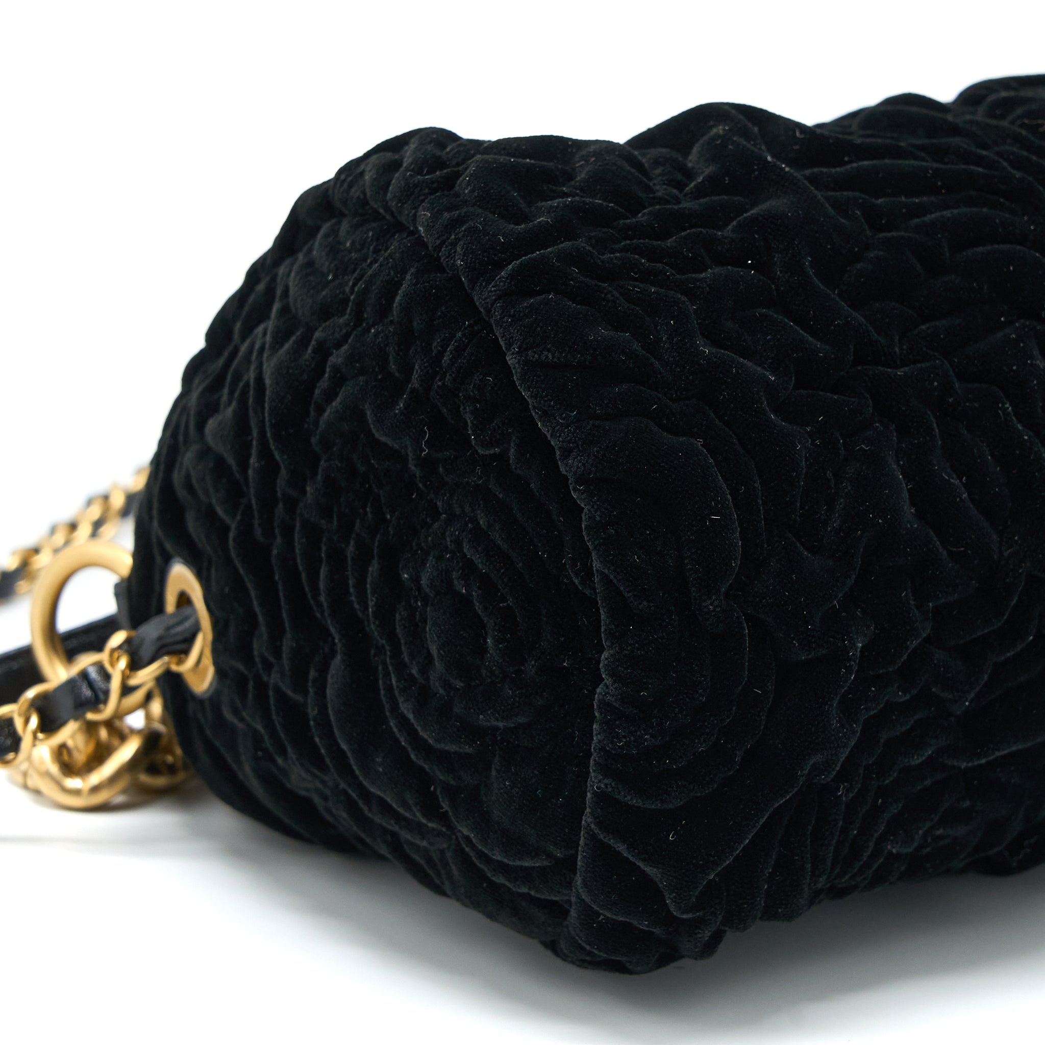 CHANEL MINI BOSTON BAG WITH CHAIN CAMELLIA VELVET BLACK GHW (MICROCHIP)