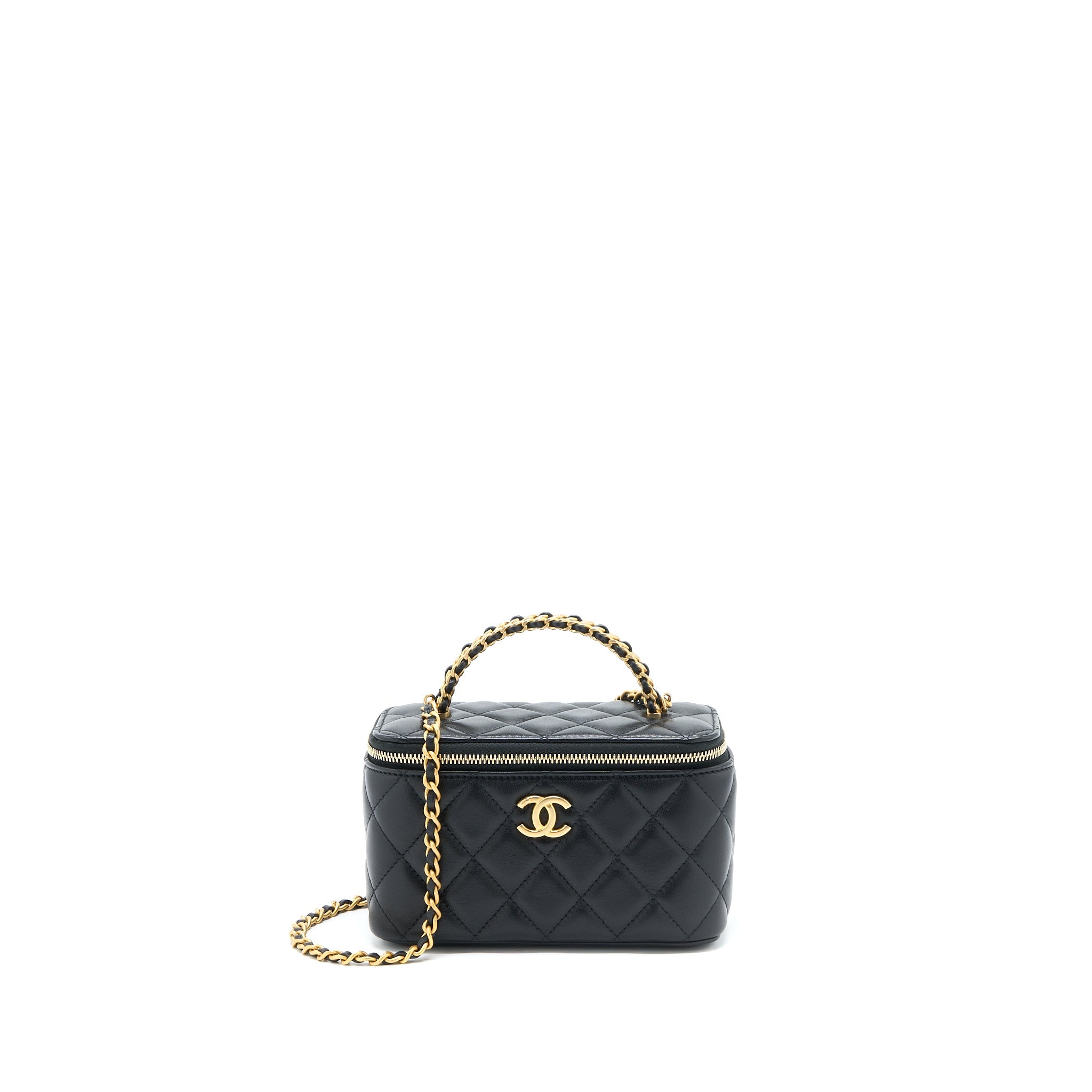 CHANEL TOP TWIST CHAIN HANDLE LONG VANITY WITH CHAIN LAMBSKIN BLACK BRUSHED GHW (MICROCHIP)