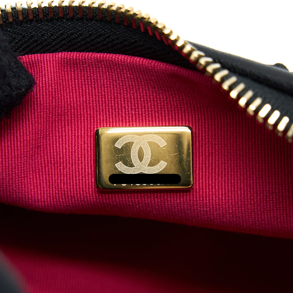 CHANEL MINI BOSTON BAG WITH CHAIN CAMELLIA VELVET BLACK GHW (MICROCHIP)