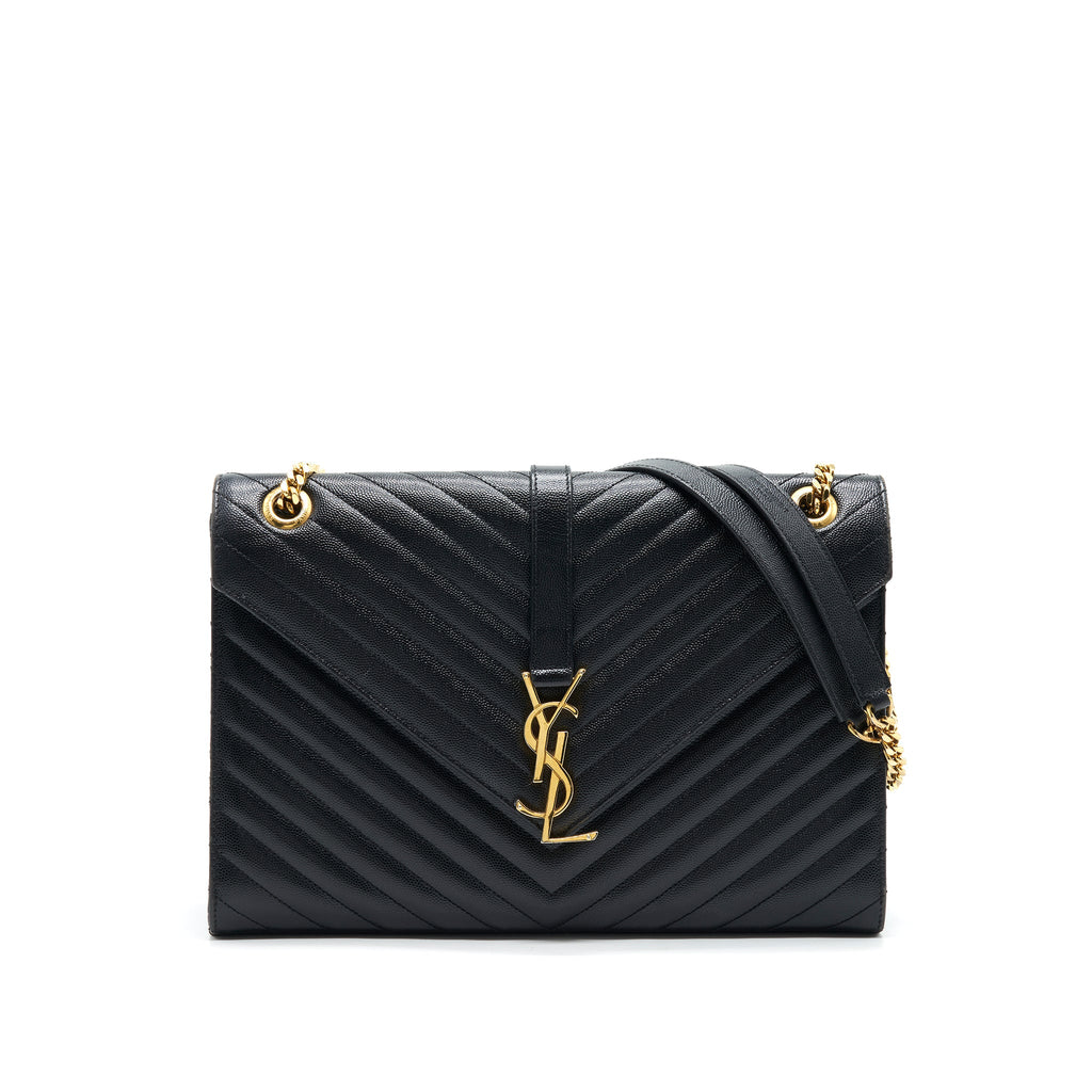 SAINT LAURENT / YSL LARGE ENVELOPE CHAIN FLAP BAG IN BLACK GRAIN DE POUDRE