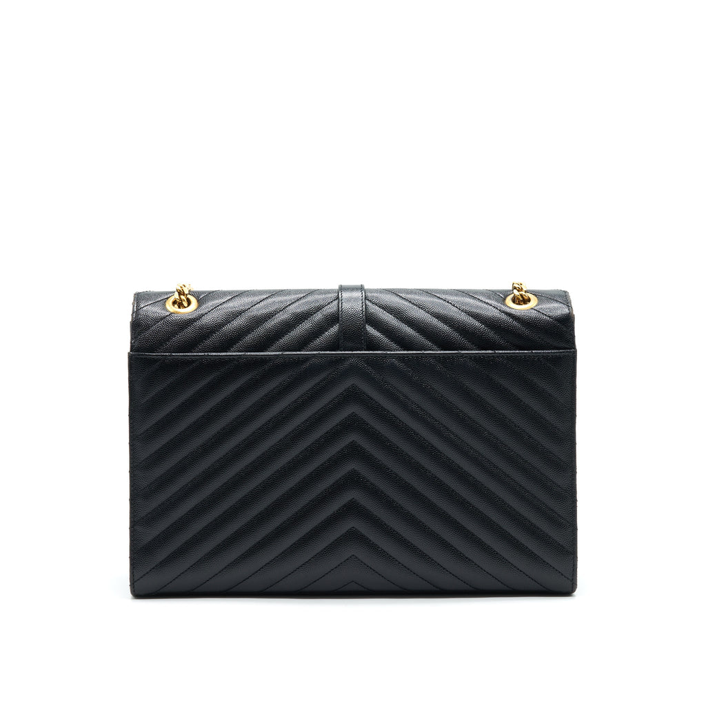 SAINT LAURENT / YSL LARGE ENVELOPE CHAIN FLAP BAG IN BLACK GRAIN DE POUDRE