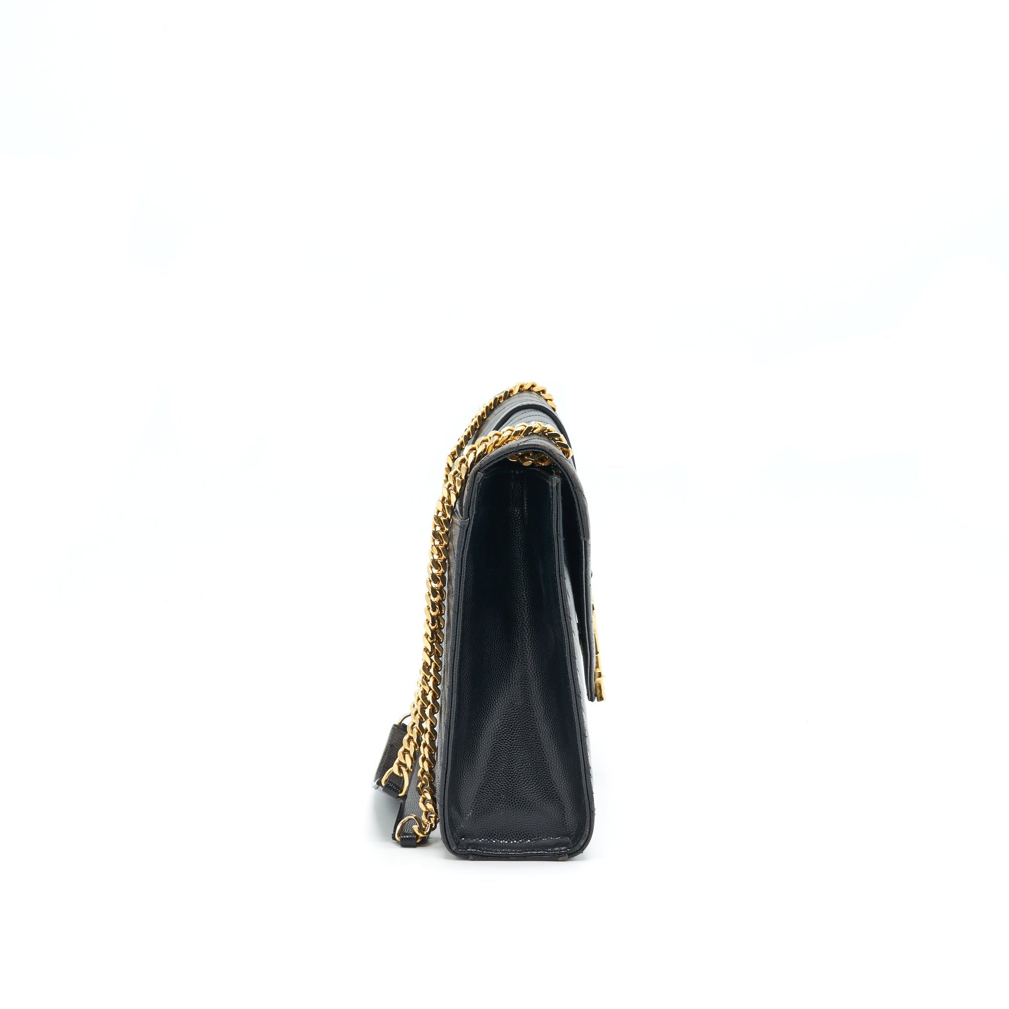 SAINT LAURENT / YSL LARGE ENVELOPE CHAIN FLAP BAG IN BLACK GRAIN DE POUDRE