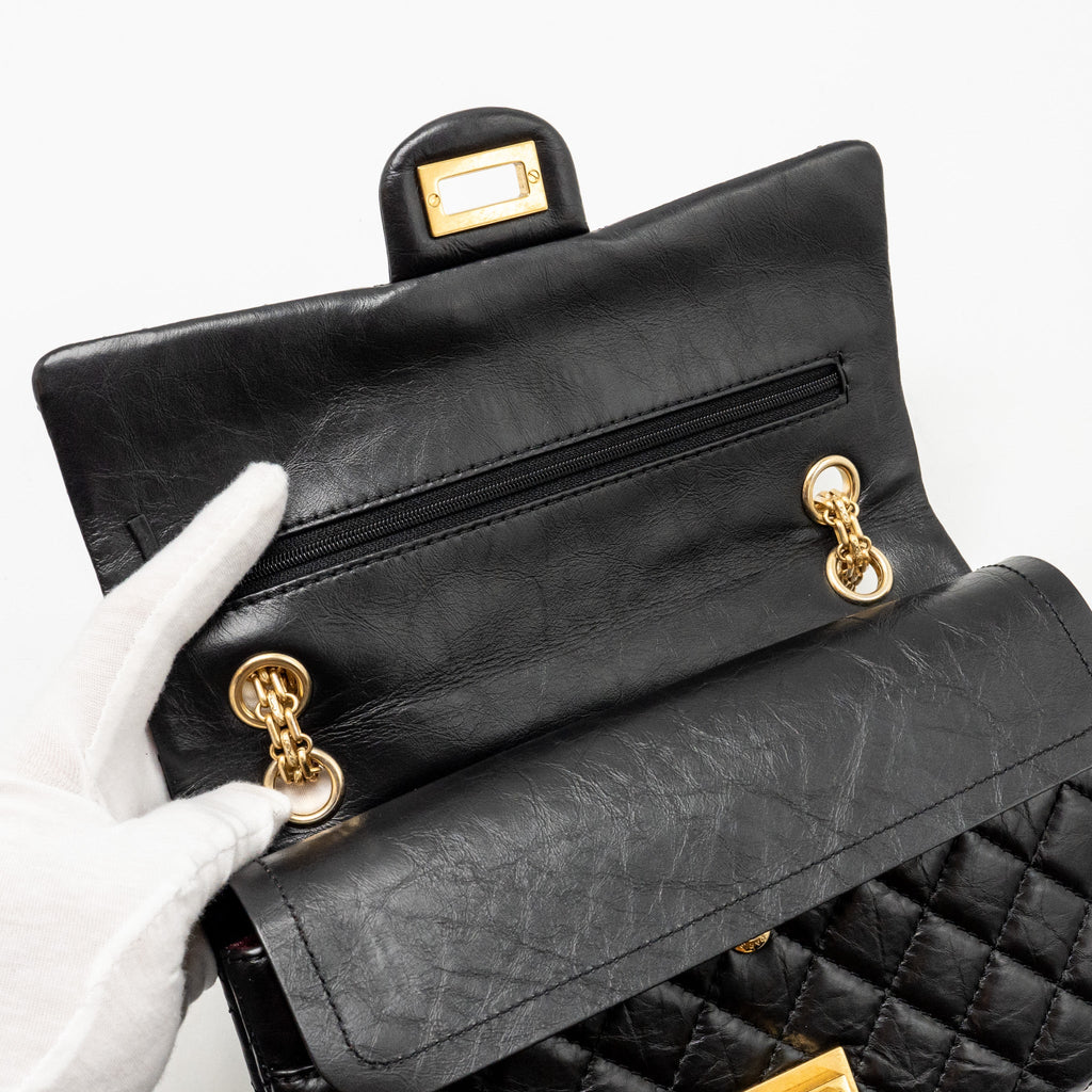 CHANEL SMALL 2.55 REISSUE DOUBLE FLAP BAG AGE CALFSKIN BLACK GHW