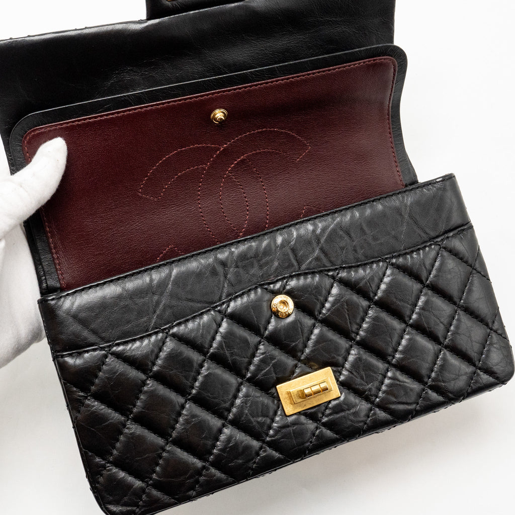 CHANEL SMALL 2.55 REISSUE DOUBLE FLAP BAG AGE CALFSKIN BLACK GHW