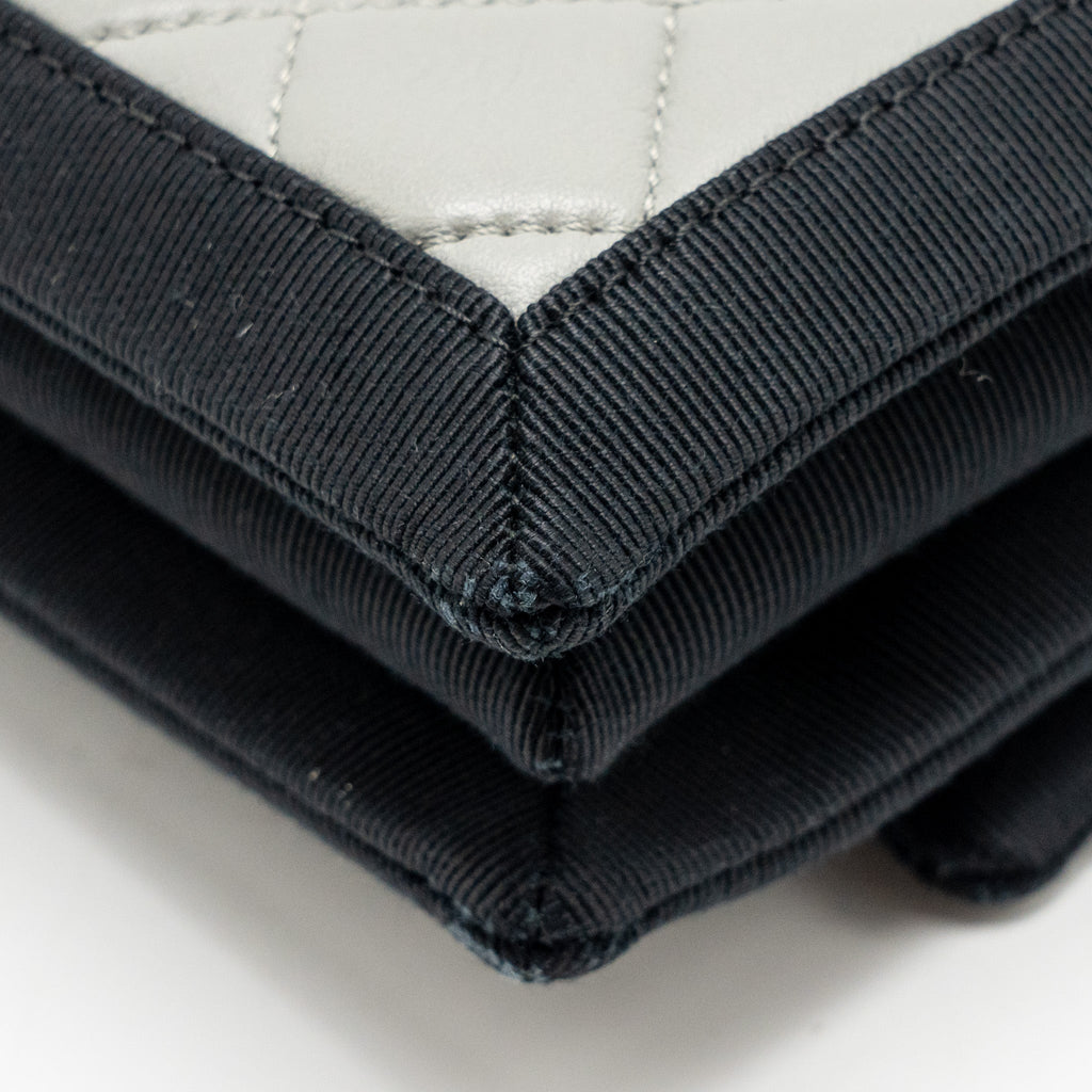 CHANEL QUILTED FLAP WITH FABRIC EDGE LAMBSKIN GREY/ BLACK WITH BLACK HARDWARE