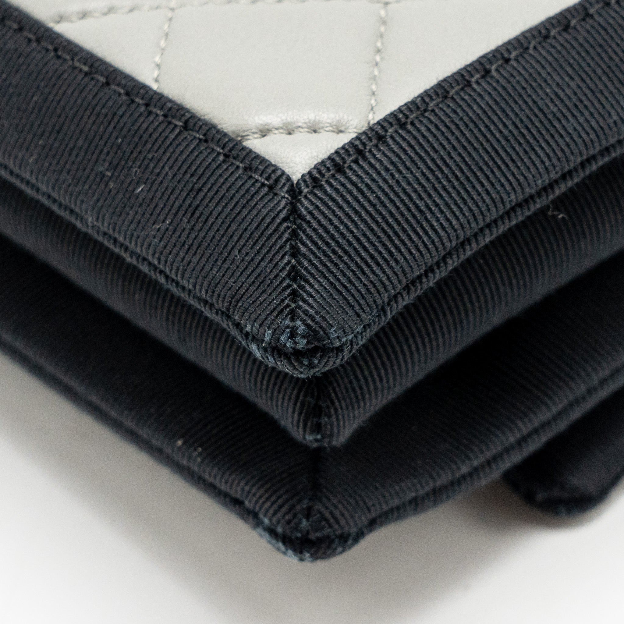 CHANEL QUILTED FLAP WITH FABRIC EDGE LAMBSKIN GREY/ BLACK WITH BLACK HARDWARE