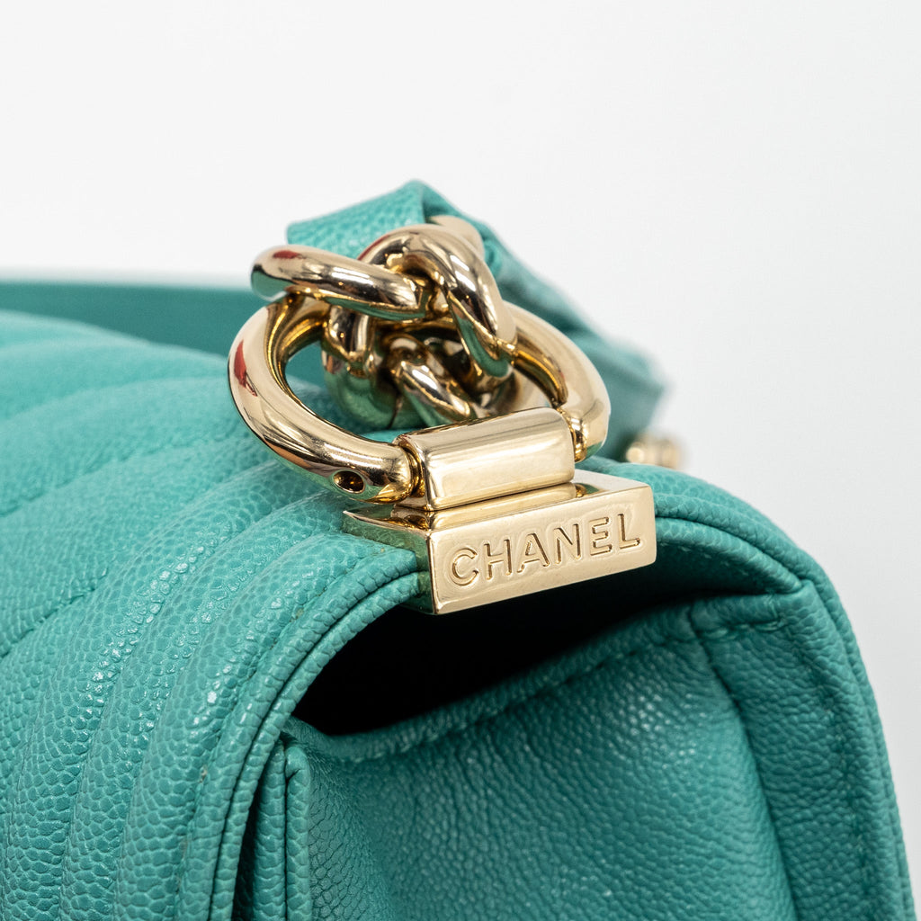 CHANEL CHEVRON SMALL BOY BAG CAVIAR LIGHT GREEN LGHW
