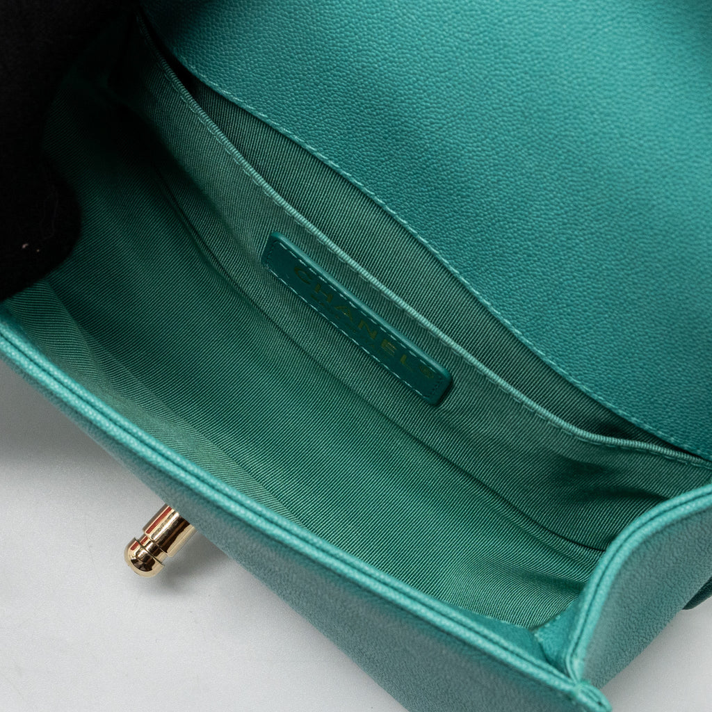 CHANEL CHEVRON SMALL BOY BAG CAVIAR LIGHT GREEN LGHW