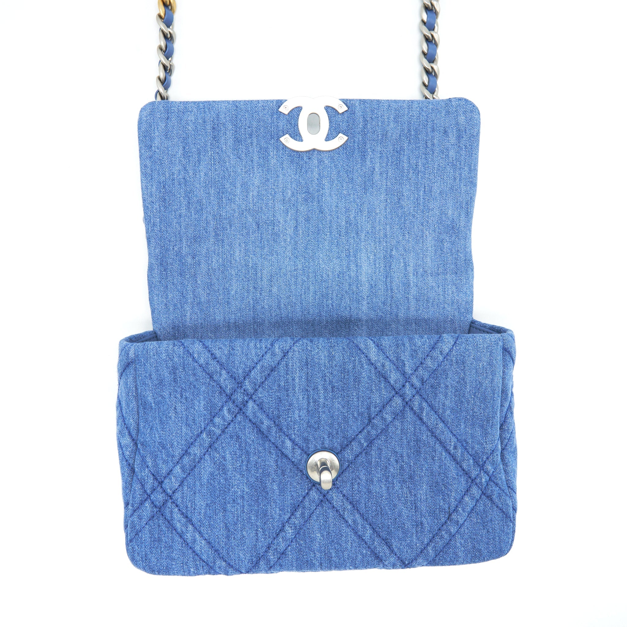 CHANEL 22P DENIM SMALL 19 BAG LIGHT BLUE GOLD/SLIVER HARDWARE