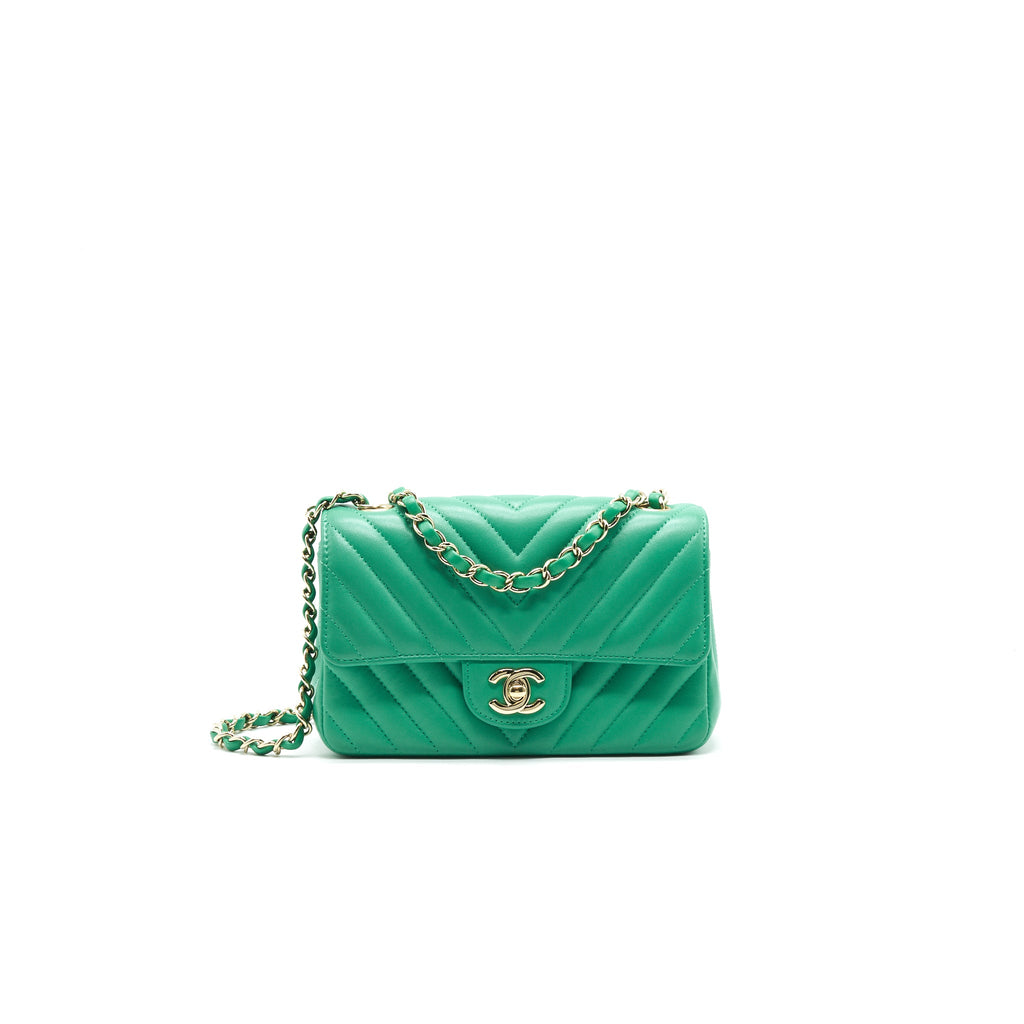 CHANEL CHEVRON MINI RECTANGULAR GREEN WITH LGHW