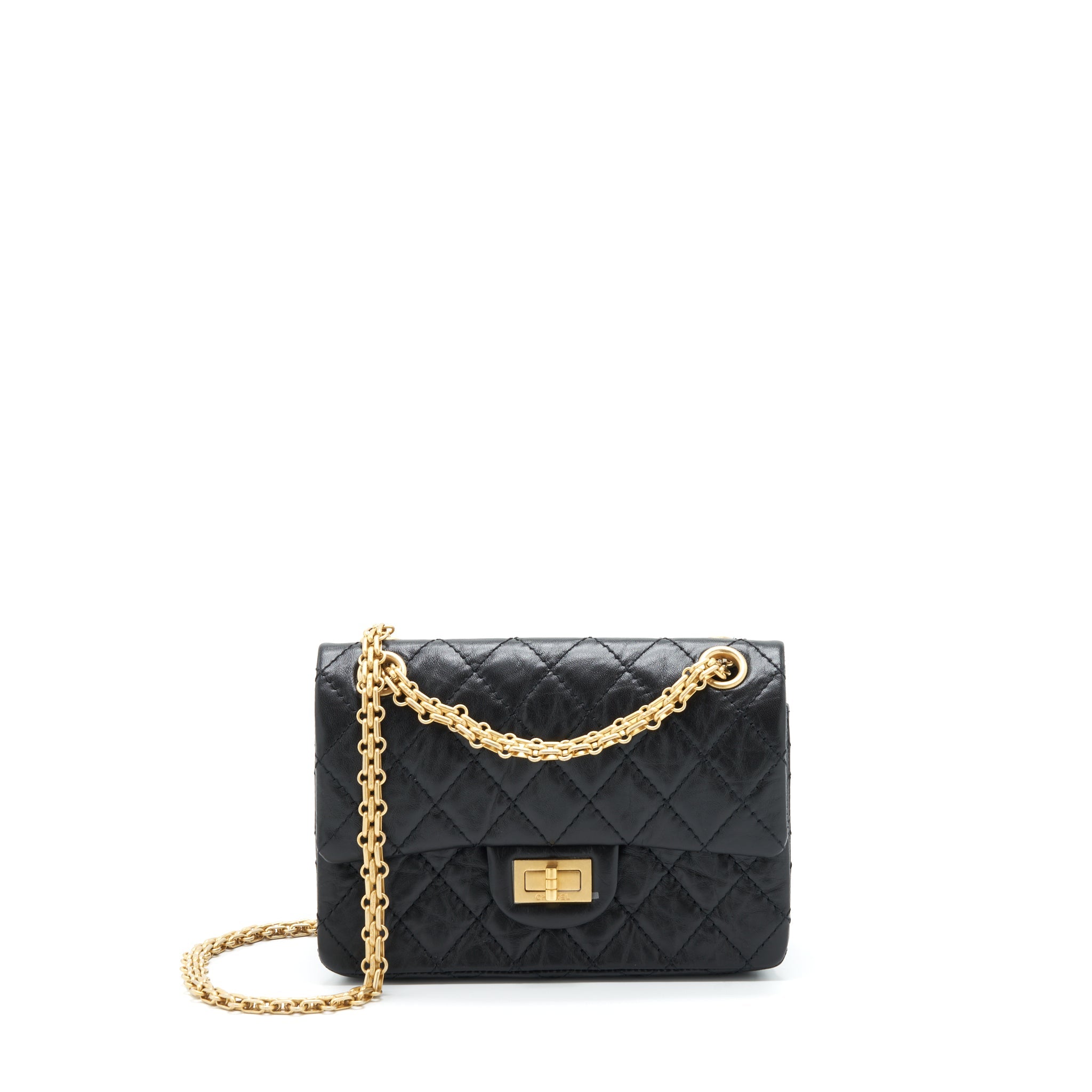 CHANEL MINI 2.55 REISSUE FLAP BAG AGED CALFSKIN BLACK BRUSHED GHW (MICROCHIP)