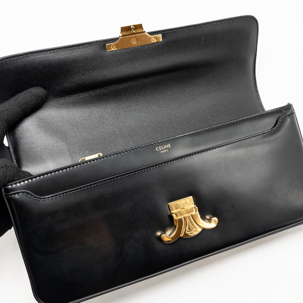 CELINE TRIOMPHE CLAUDE CHAIN SHOULDER BAG SHINY CALFSKIN BLACK GHW