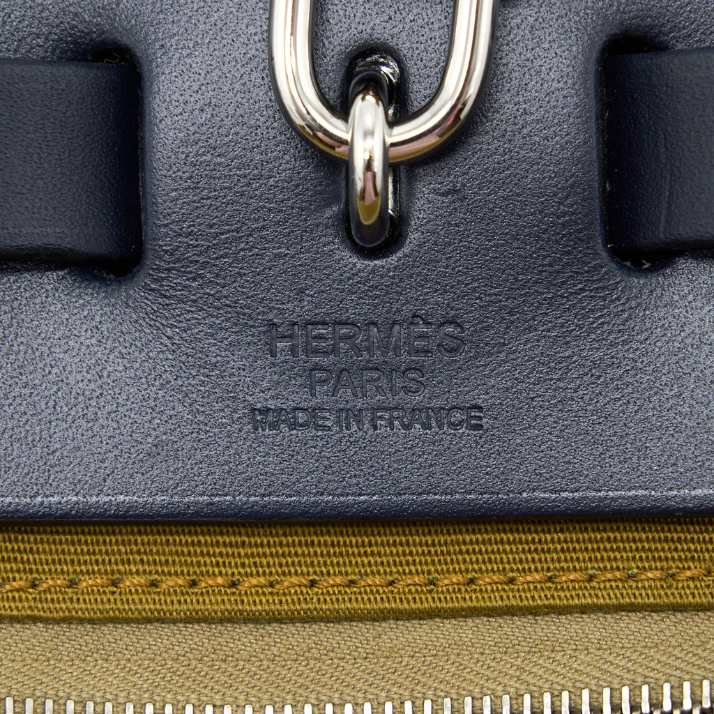 HERMES HERBAG 31 ZIP BAG CANVAS/ HUNTER LEATHER VERT CYPRES-VT OLIVE/ BLUE INDIGO SHW