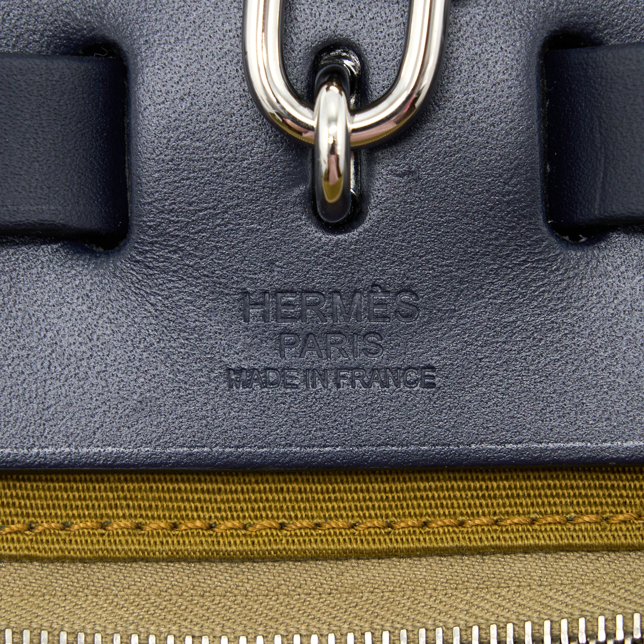 HERMES HERBAG 31 ZIP BAG CANVAS/ HUNTER LEATHER VERT CYPRES-VT OLIVE/ BLUE INDIGO SHW