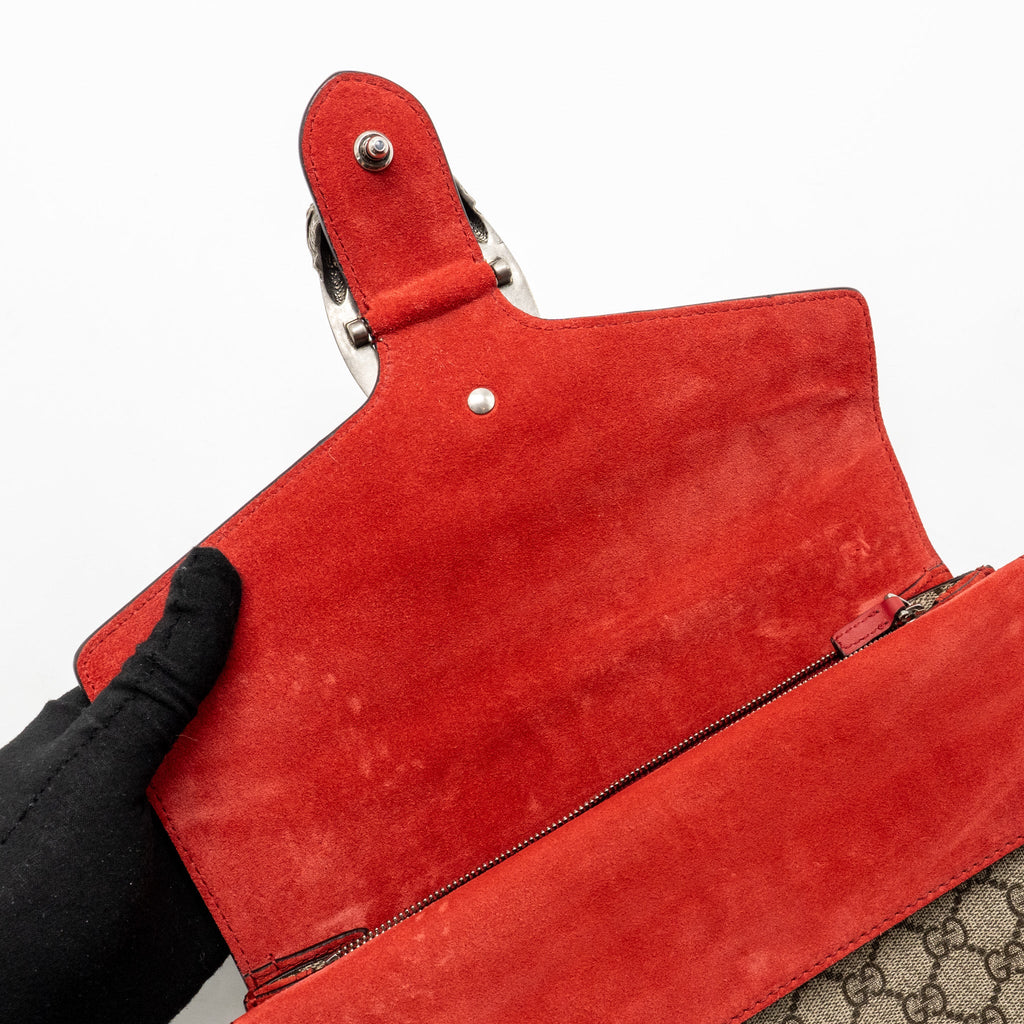 GUCCI SMALL DIONYSUS SHOULDER BAG GG SUPREME CANVAS/SUEDE RED SHW