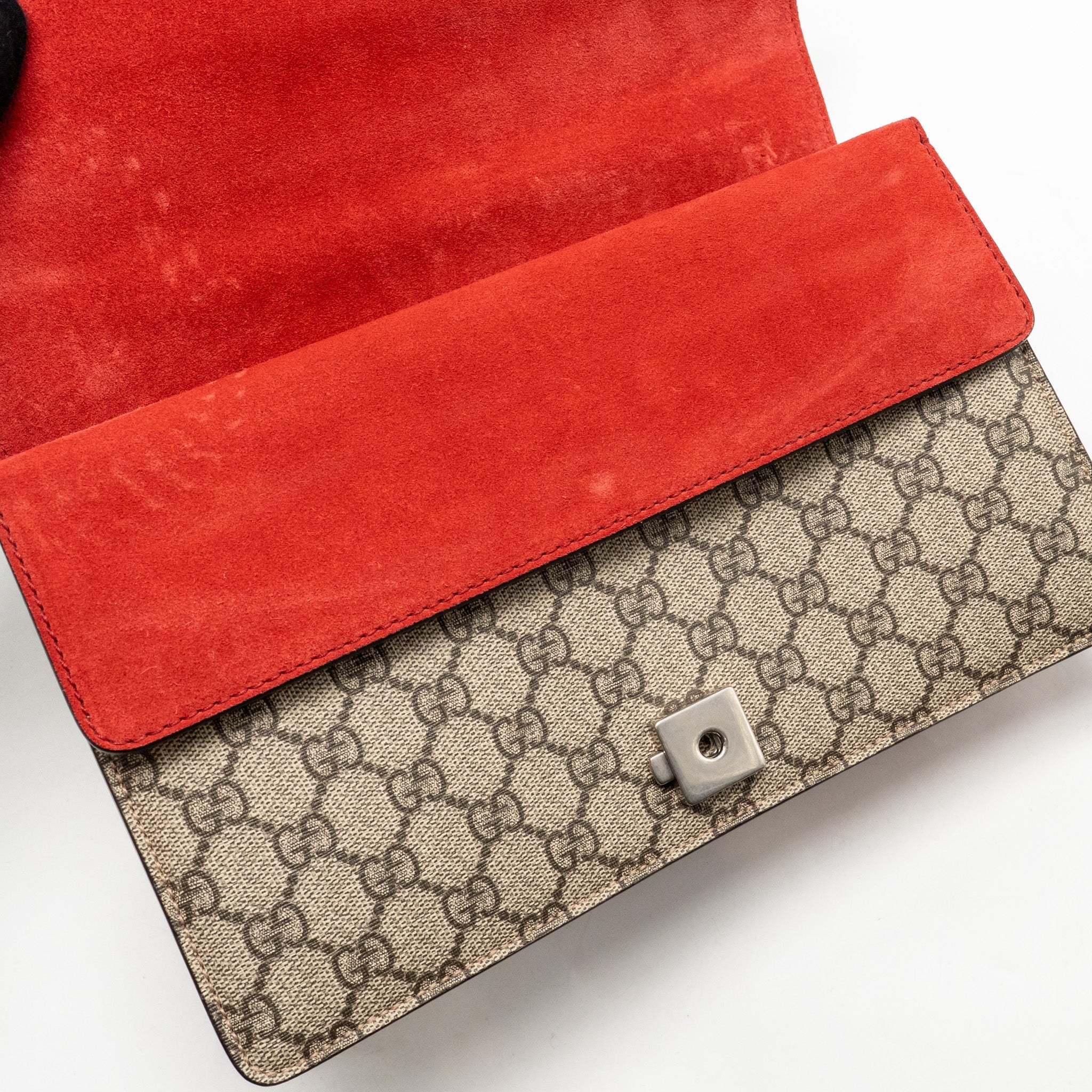 GUCCI SMALL DIONYSUS SHOULDER BAG GG SUPREME CANVAS/SUEDE RED SHW