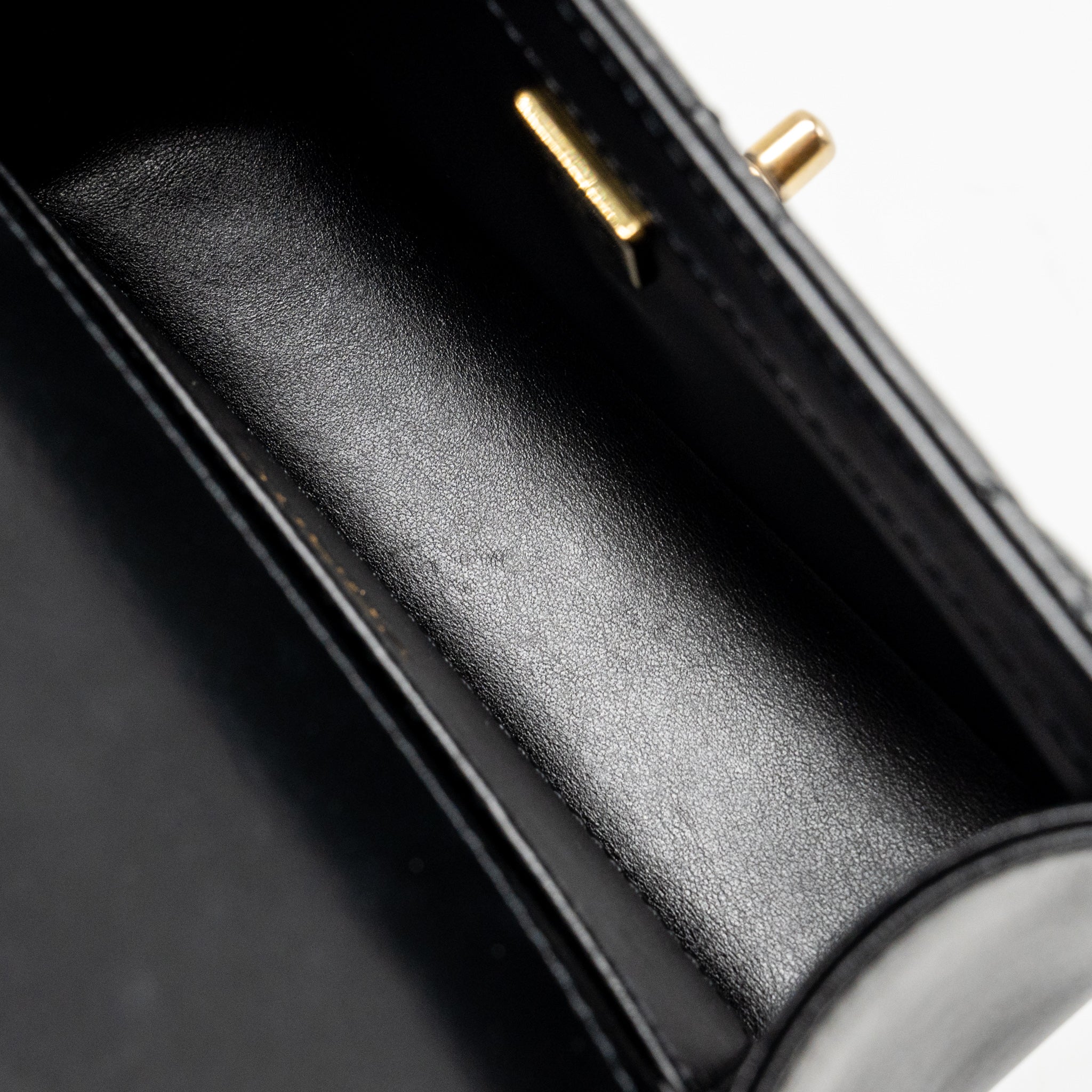 CHANEL GOLD CRUSH MINI FLAP BAG SHINY CALFSKIN BLACK GHW (MICROCHIP)