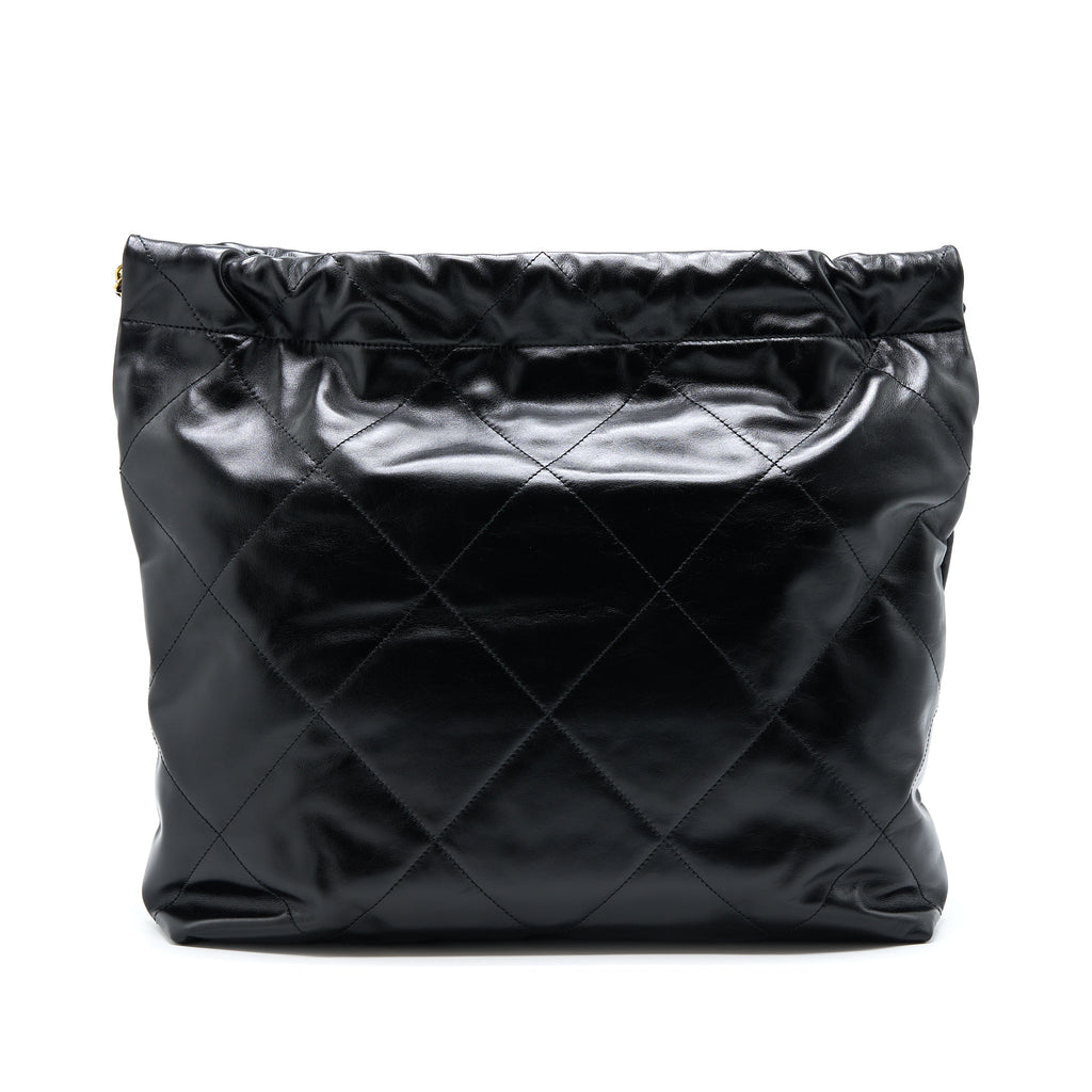 CHANEL MEDIUM 22 BAG GOLD LETTER SHINY CALFSKIN BLACK BRUSHED GHW(MICROCHIP)